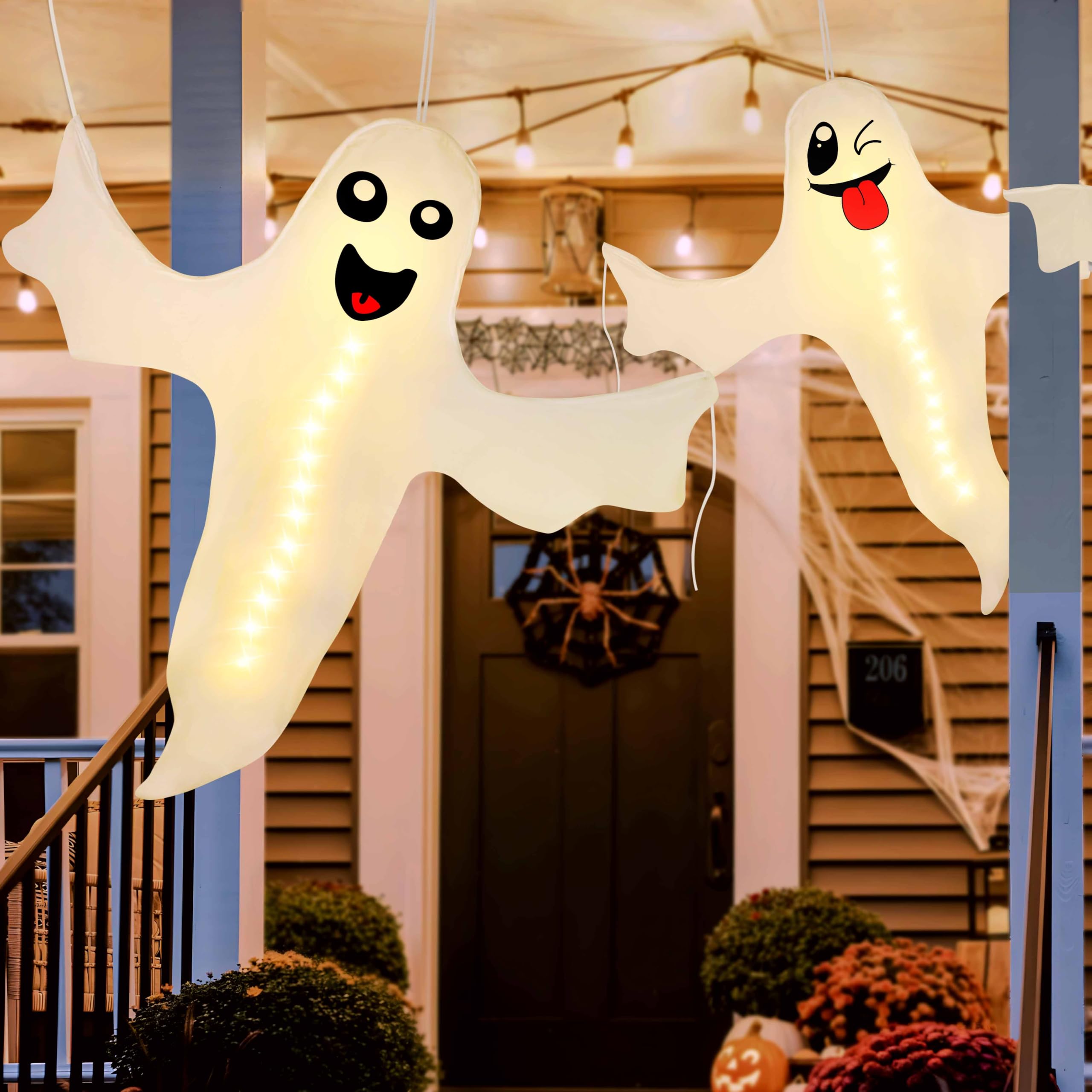 2PCS Geefuun Halloween Ghost Lighted Hanging Decoration Outdoor Decor - Hallowmas Tree Hugger Friendly Spooky Party Supplies (Batteries Not Included)