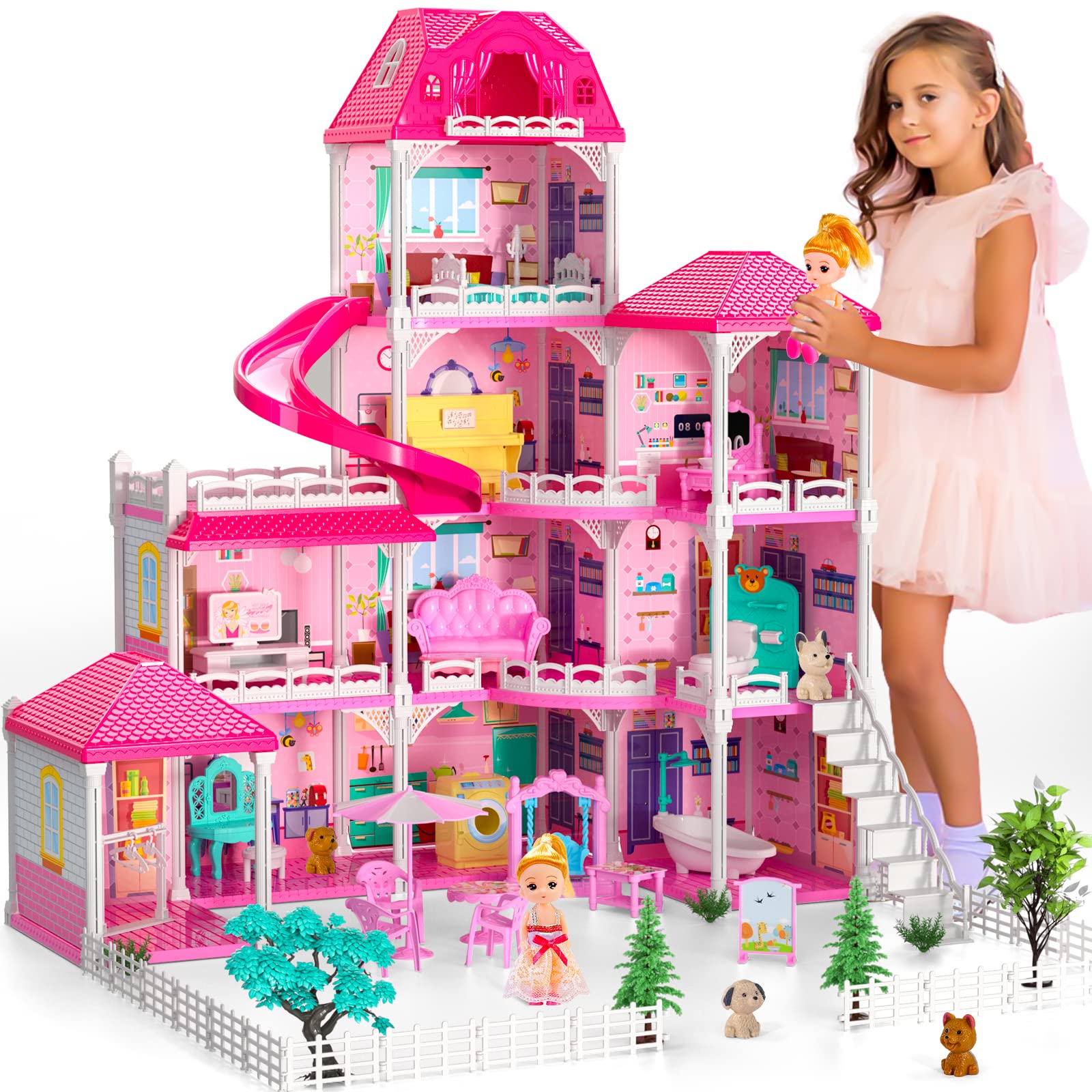 DolooweeDolls House, Play Dolls House With Accessories & Furniture, Role Play Dolls House 4 Story, Christmas, Birthday Gift for 4-10 Years Old Girls