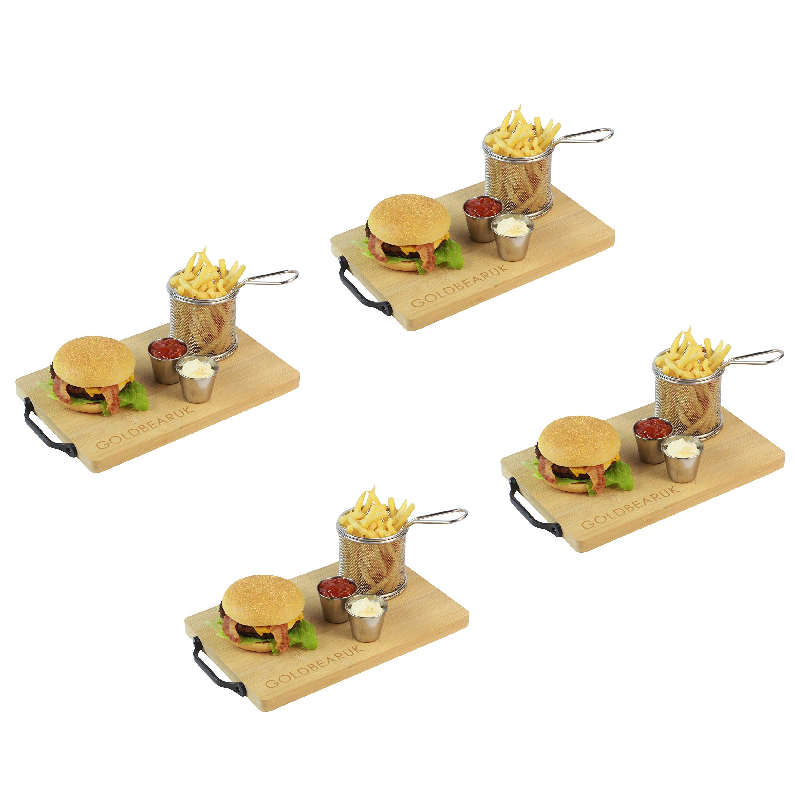 Luxury Burger Set - Wooden Serving Boards + Stainless Steel Chip Fry Basket + Stainless Steel Silver Ramekins (4 Person)