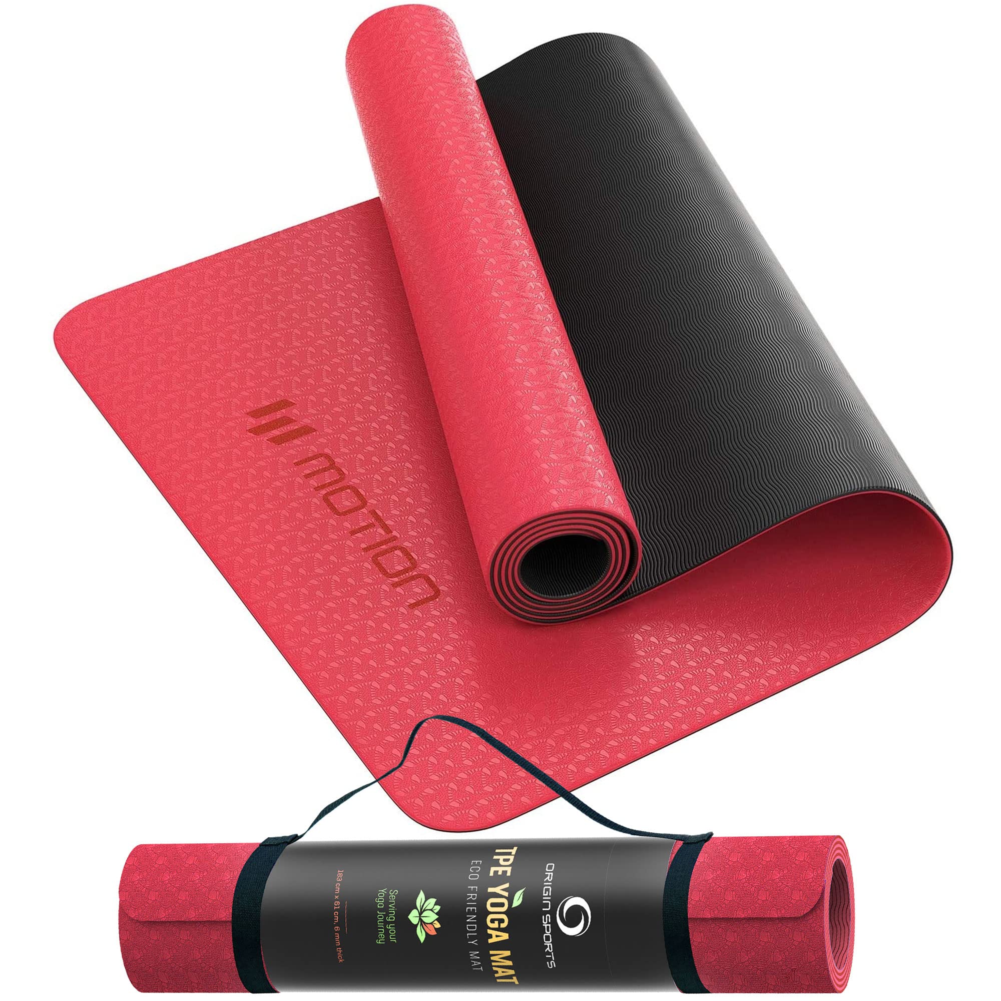 Yoga Mat - TPE Gymnastics Non-Slip Fitness Exercise Mat with Carry Straps for Yoga, Pilates Home Gym Workout. Compact Eco Friendly. 183 x 61 x 0.6 CM (Red/Black)