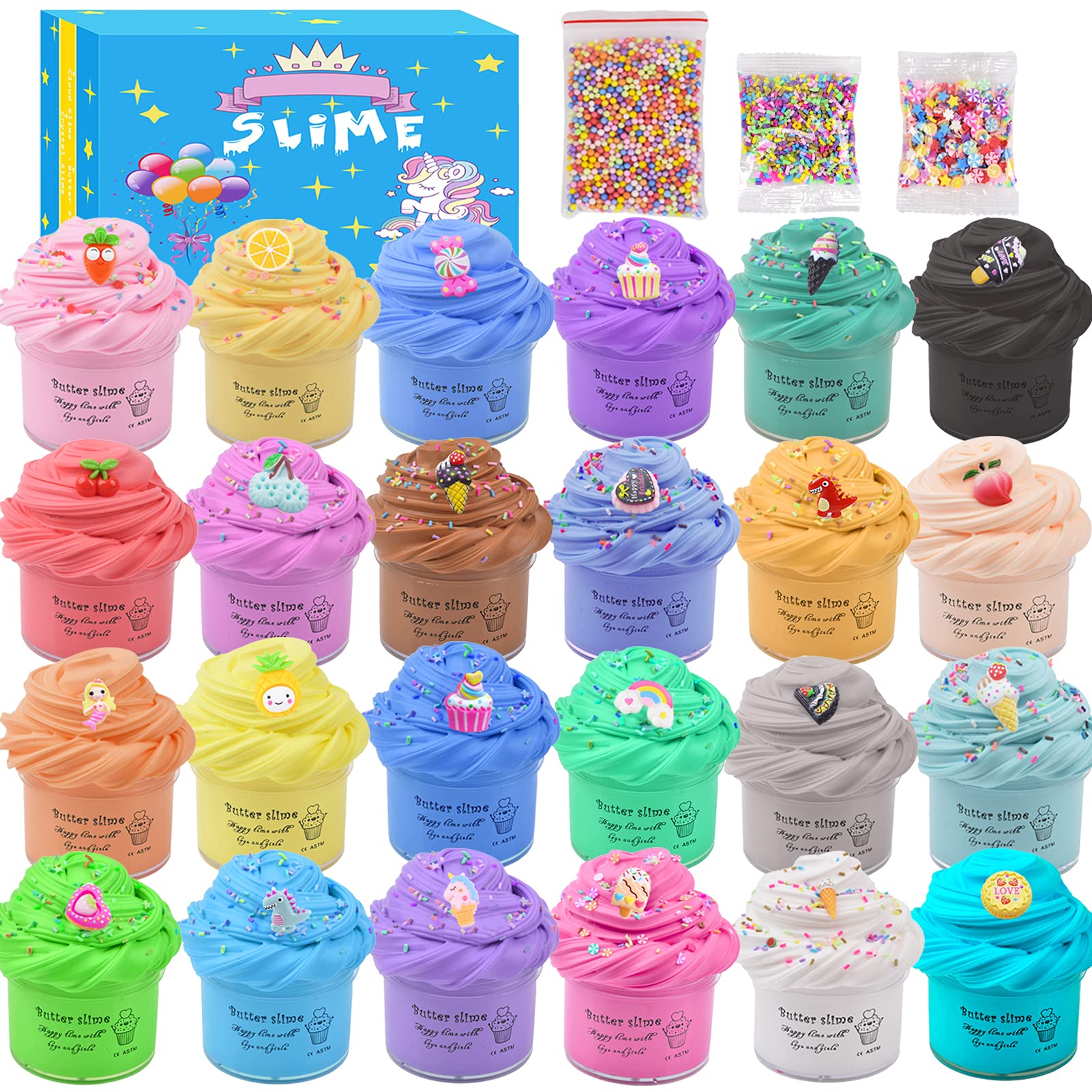 24 Pack Butter Slime Kit, with Unicorn, Fruit, Ice Cream, Animal Mini Scented Slime Charms Suppulies, Non-Sticky & Super Stretchy，Stress Relief Toy for Girls Boys