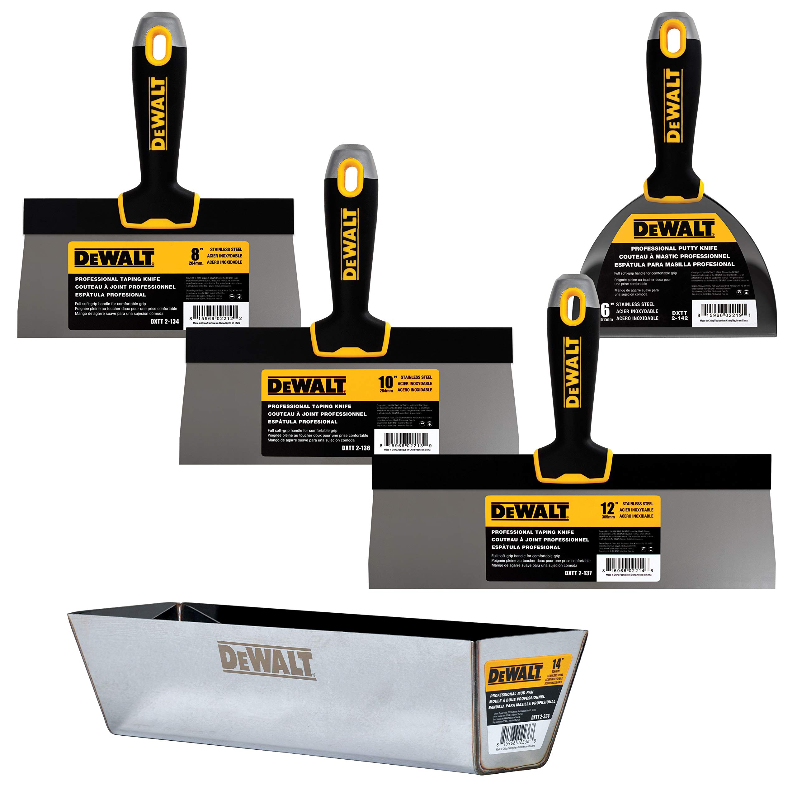 DEWALT Stainless Steel Taping Knife & Mud Pan Set | 8,10,12 Inch Taping Knives, 14 Inch Mud Pan, Bonus 6" Soft Grip Putty Knife | Soft Grip Handles | Sheetrock Gyprock Plasterboard | DXTT-3-174