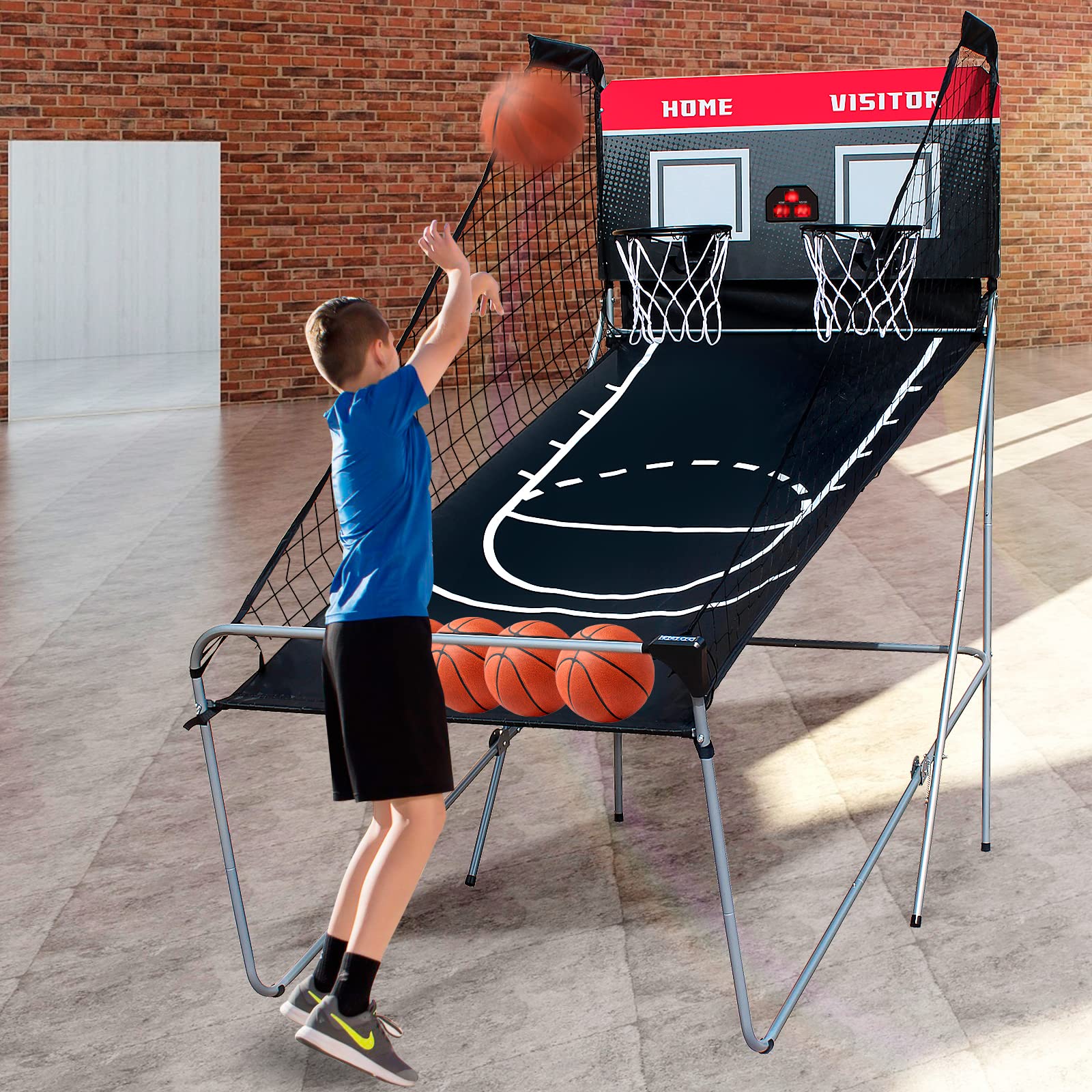 JL Comfurni Basketball Arcade Game, Arcade Machine with 4 Balls and Folding Metal Frame, Double Hoops and Electronic Scorer, Indoor Outdoor Basketball Hoop Game for Kids or Adult