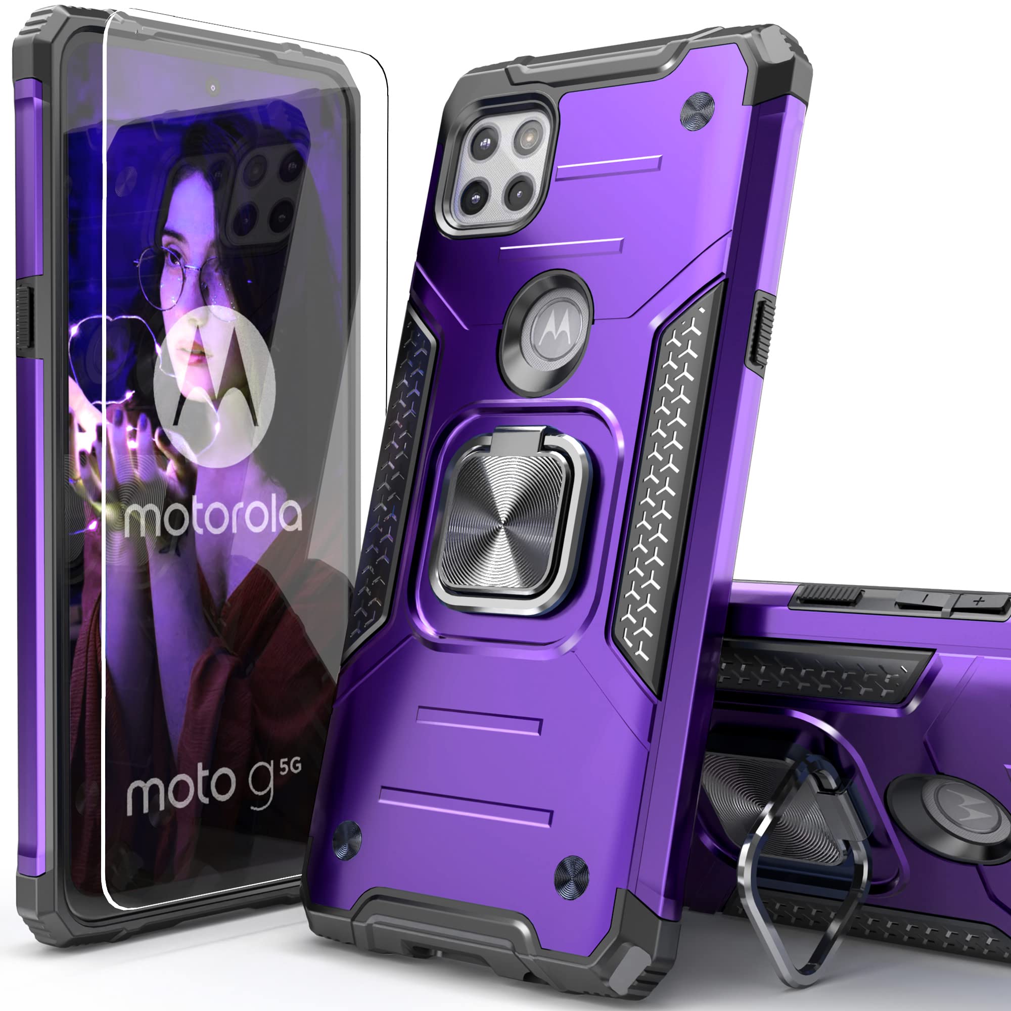 IDYStar Moto One 5G Ace Case with Screen Protector, Shock Absorption Heavy Duty Durable Drop Test Slim Cover with Car Mount Kickstand Lightweight Protective Phone Case for Moto One 5G Ace,Purple