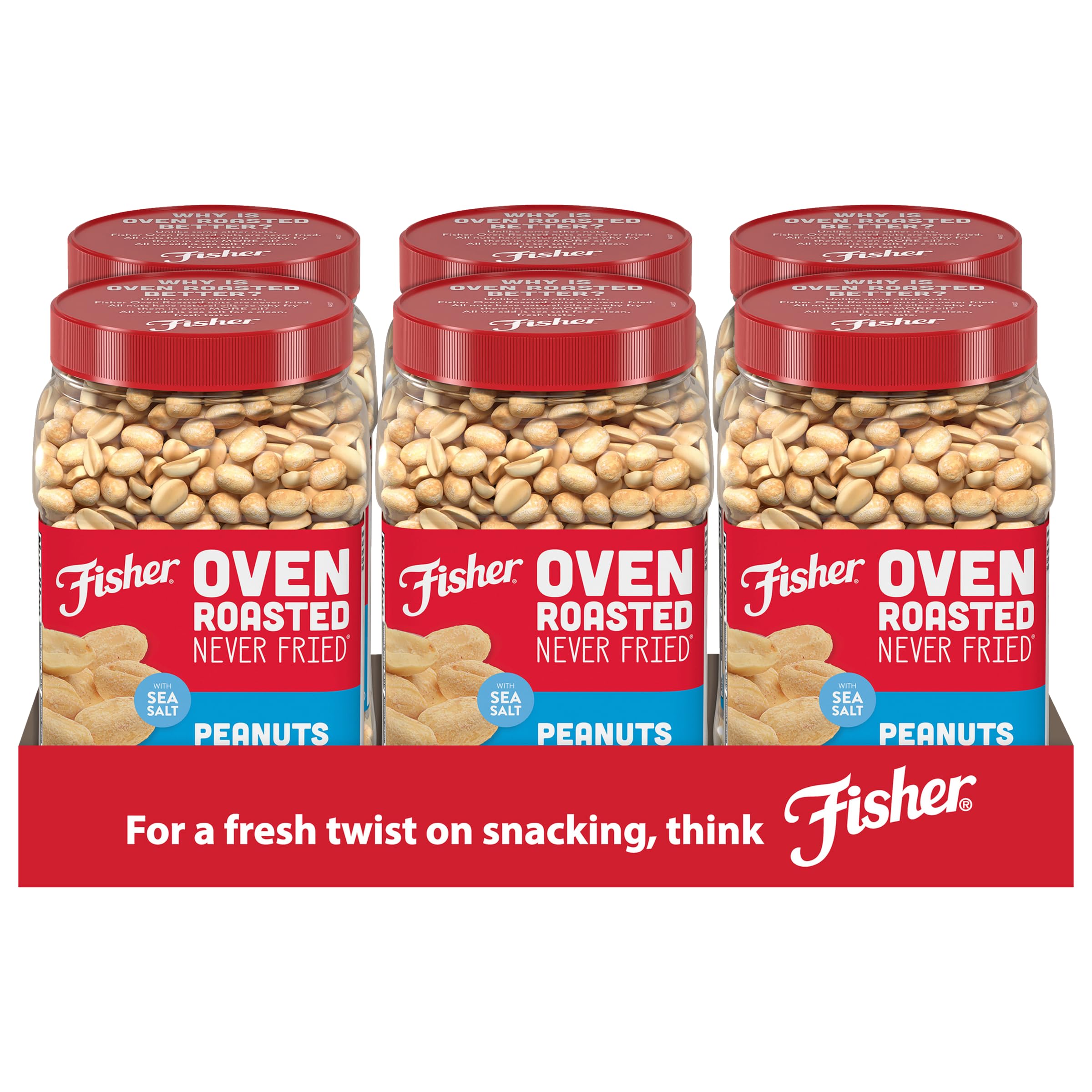 Fisher Oven Roasted Never Fried Peanuts, 24 Ounces (Pack of 6), Snacks for Adults, Made With Sea Salt, No Added Oils, Artificial Ingredients or Preservatives, Gluten Free, Vegan Protein, Bulk ​