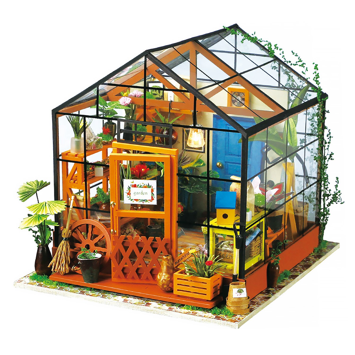 Robotime 3D DIY House Kit Greenhouse with LED Light Miniature Model Making Woodcraft DollhousePuzzle Challenge Gift