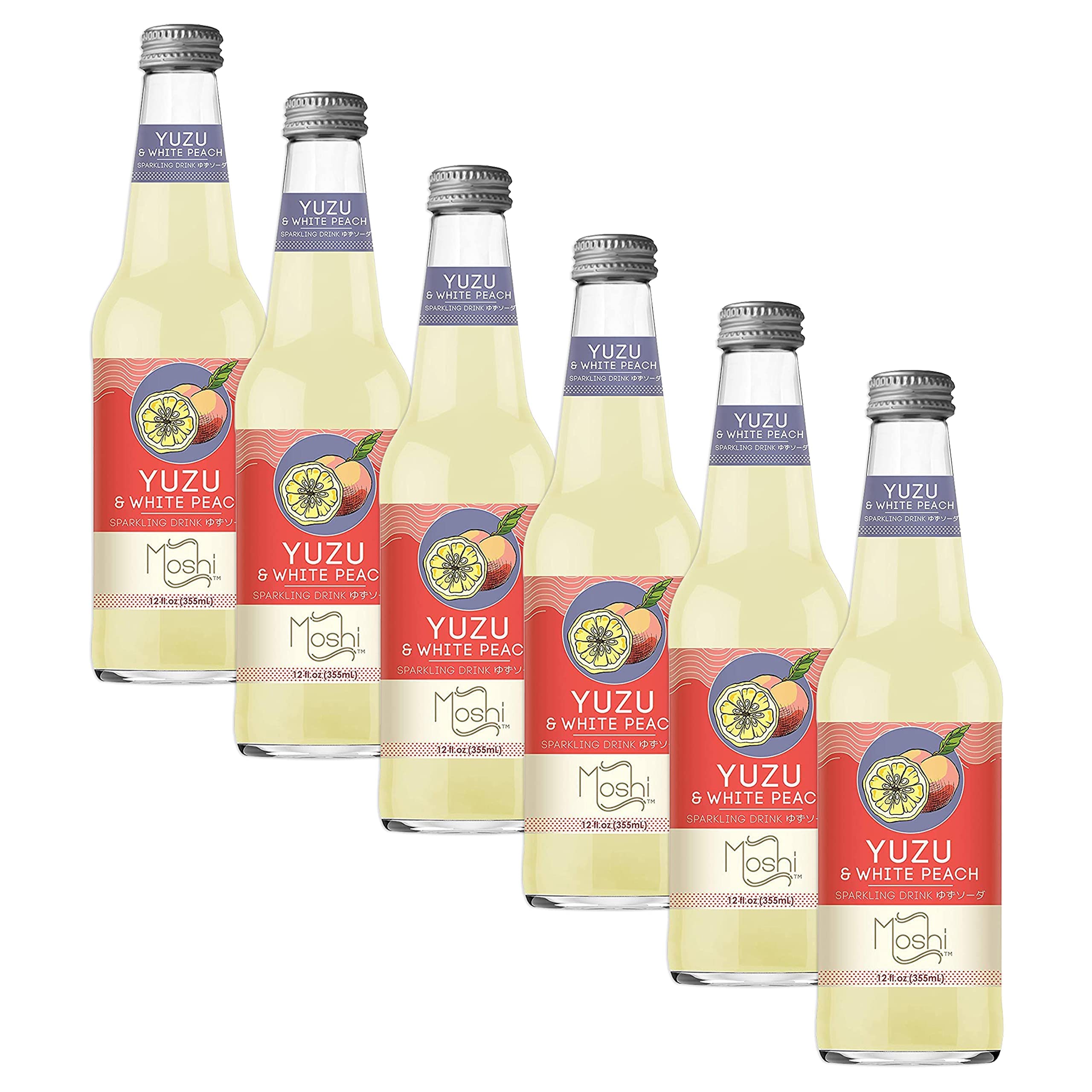 Moshi Yuzu Sparkling Drink, Aromatic and Zesty, Made with 100% Yuzu juice, All-Natural, Vegan, Gluten-free, No Artificial Preservatives/Coloring - 12 oz (6 Glass Bottles) - White Peach