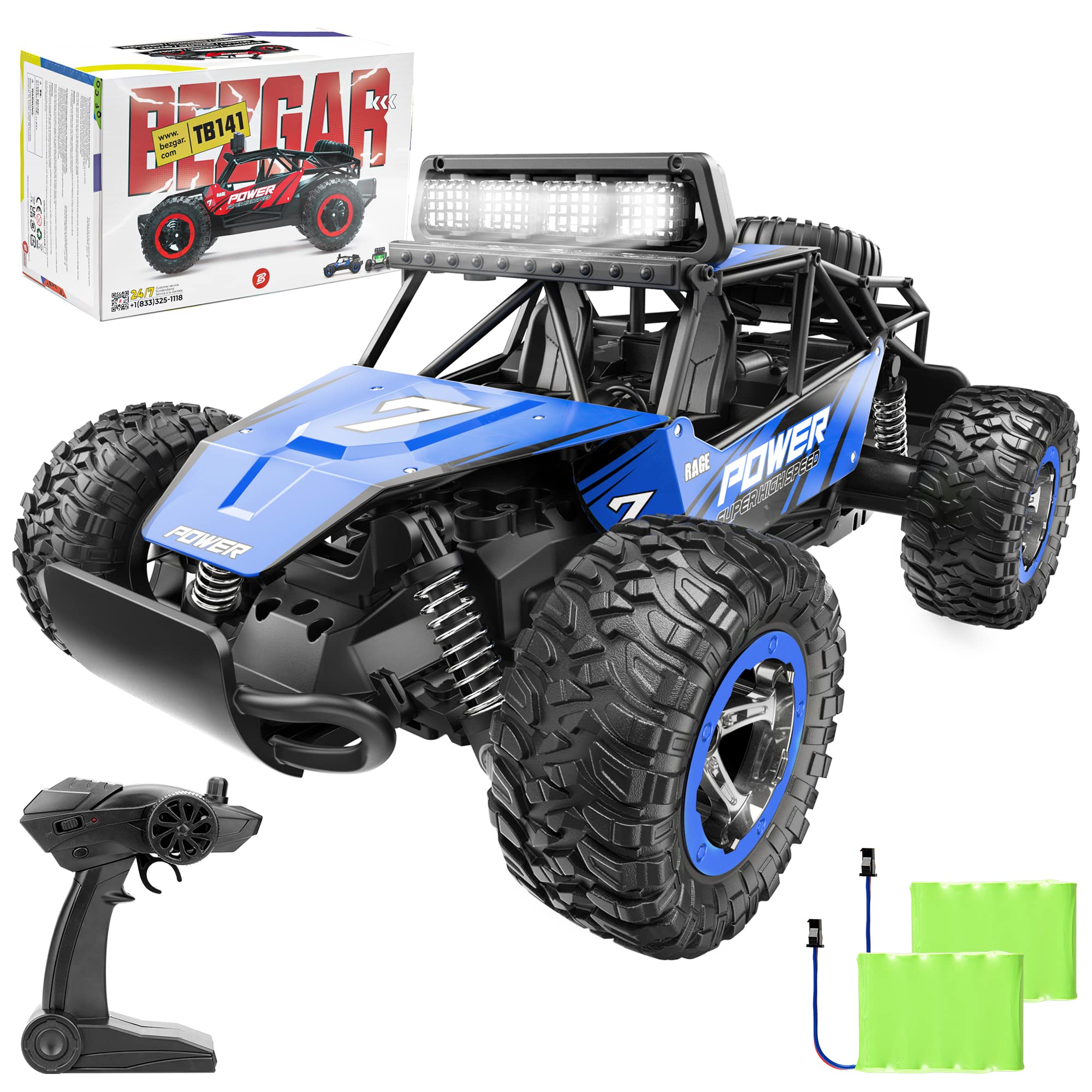 BEZGARTB141 RC Cars-1:14 Scale Remote Control Car, 2WD High Speed 20 Km/h Electric Toy Off Road RC Car Vehicle Truck Crawler with LED Headlight and Two Rechargeable Batteries for Kids and Adults