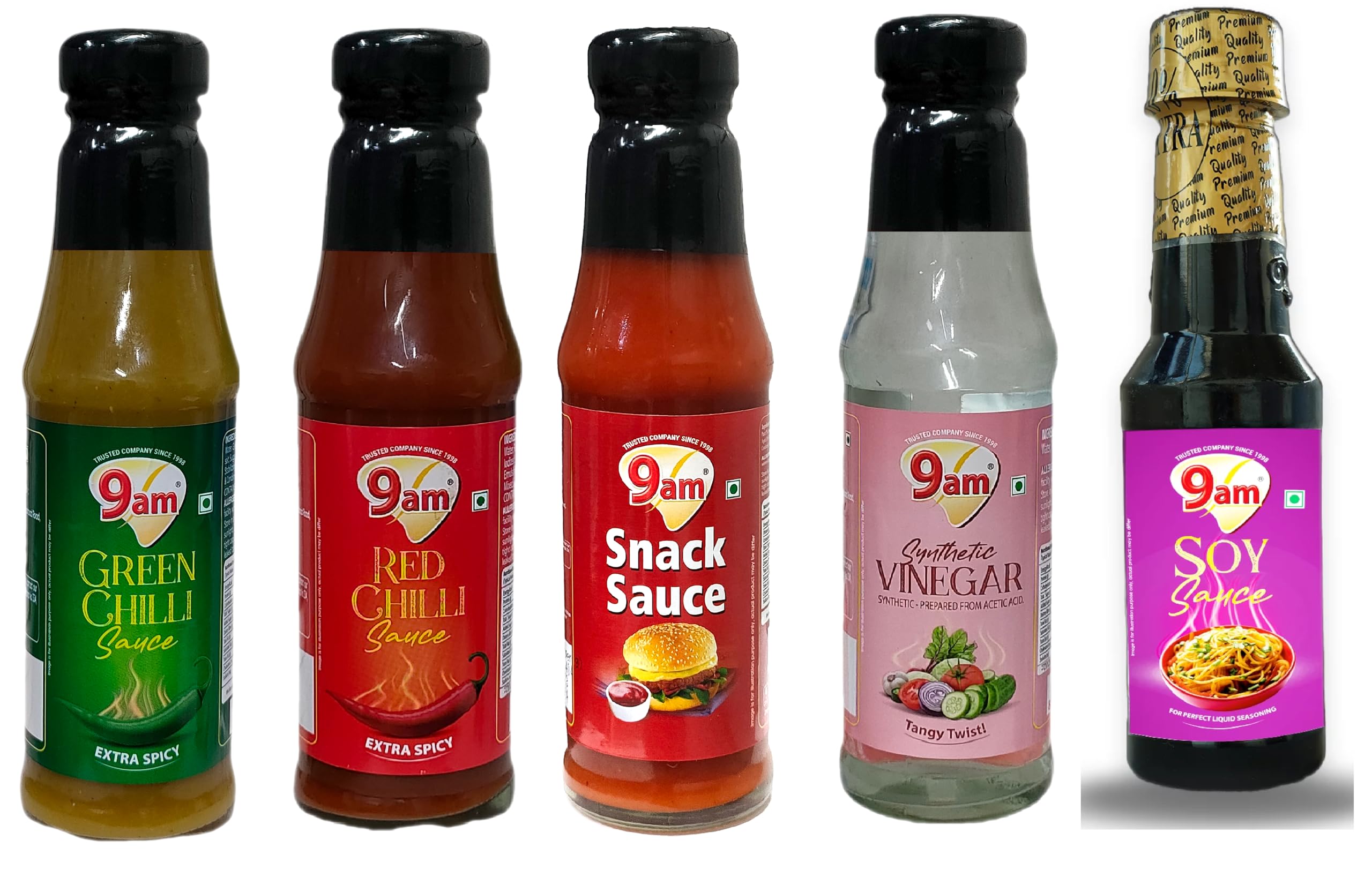 9am Soya Sauce, Green Chilli Sauce, Snack Sauce, Red Chilli Sauce & Vinegar Sauce (Pack of 5 * 200gm) | For Pizza, Burgers & Snacks | No Artificial Colours/Flavours| 100% Vegetarian | Trans Fat-Free