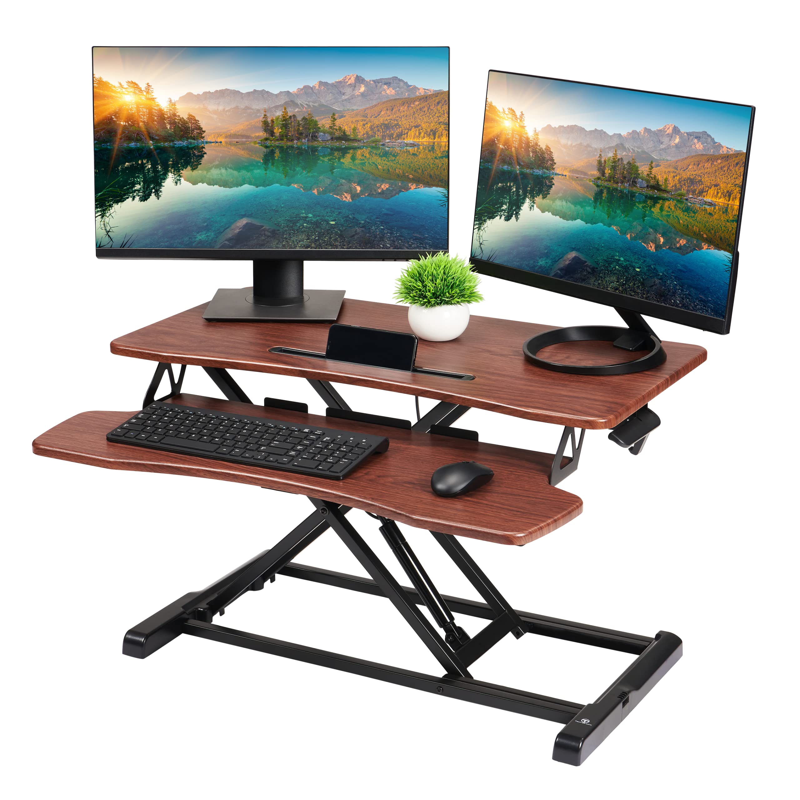 TechOrbitsStanding Desk Converter - 32" Height Adjustable Stand Up Desk Riser - Wood Brown Sit to Stand Desktop Workstation