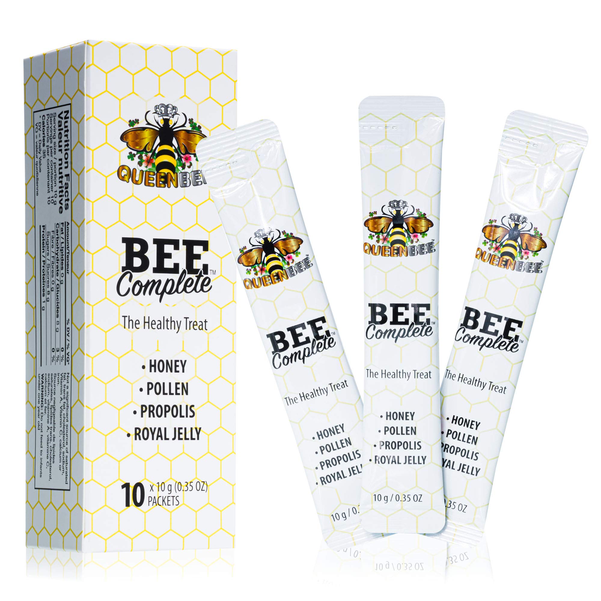 Bee Complete Natural Honey Formula (10 x 10g Tubes) by Queen Bee Honey - Pure Honey with Pollen, Propolis and Royal Jelly - Canadian Honey With Bee Products to Promote Good Health - Raw Honey