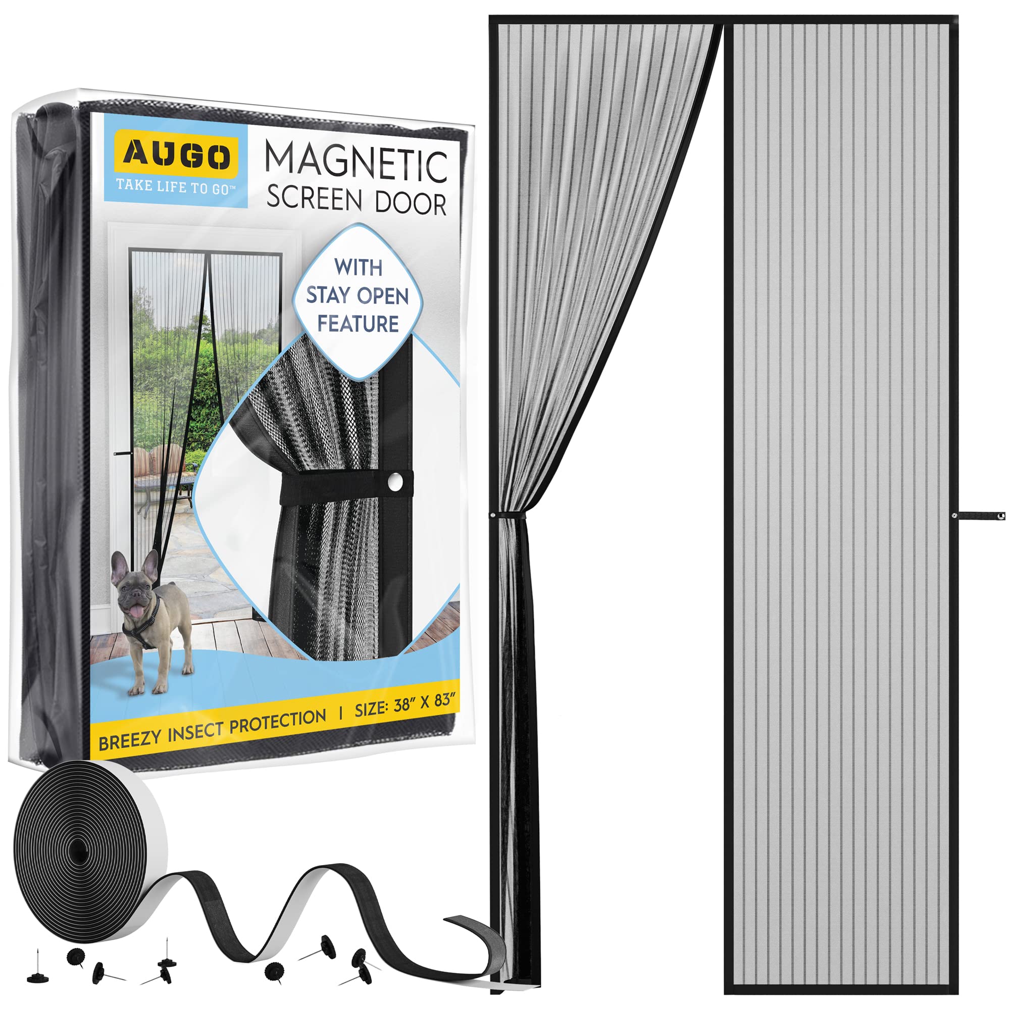 AUGO Magnetic Fly Screen Door - Self Sealing, Heavy Duty, Hands Free Mesh Net Partition Keeps Bugs Out - Pet and Kid Friendly - Patent Pending Keep Open Feature - 97 x 210cm