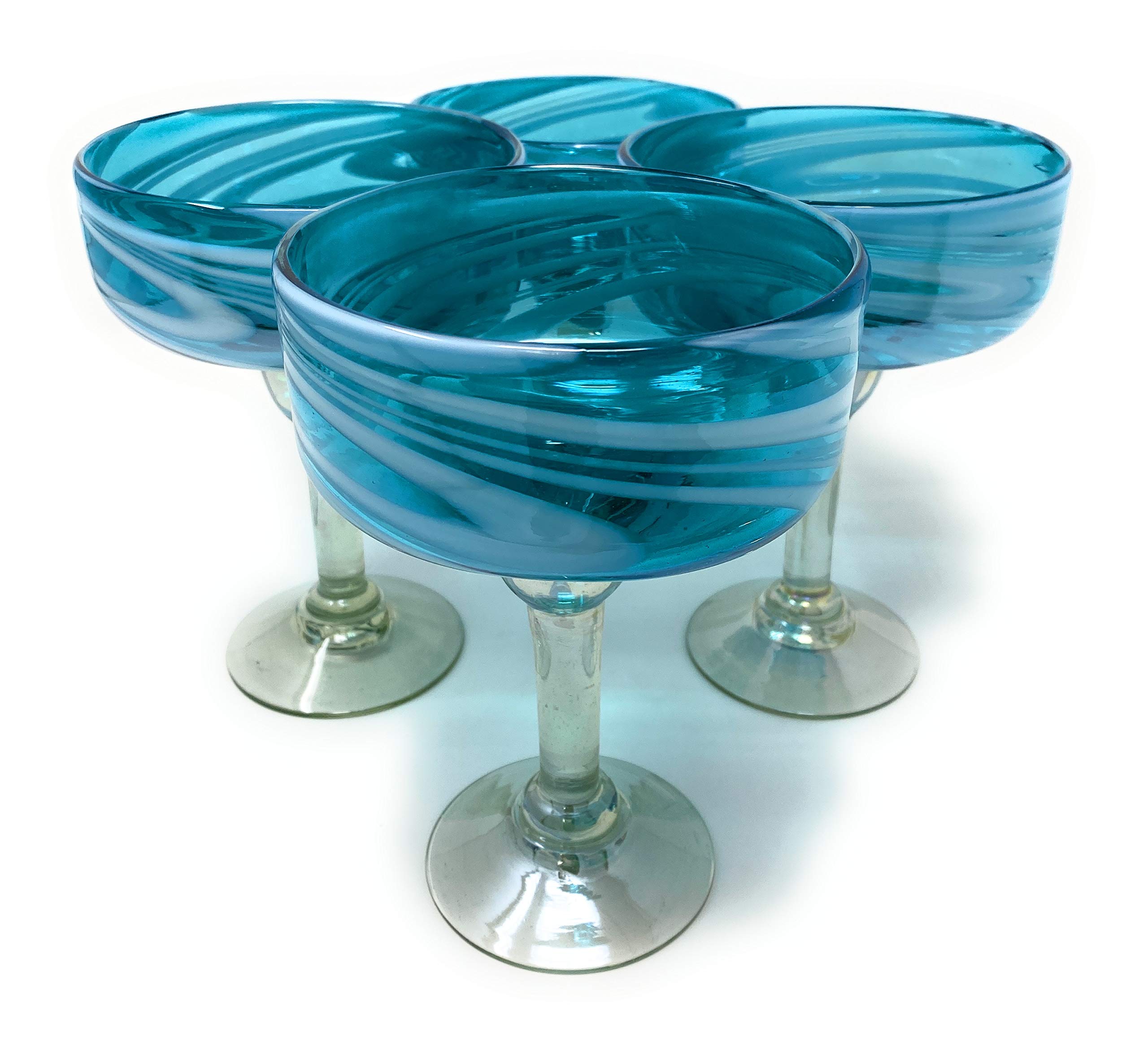 Dos SueñosMexican Hand Blown Glass – Set of 4 Hand Blown Margarita Glasses Aqua Swirl (16 oz)