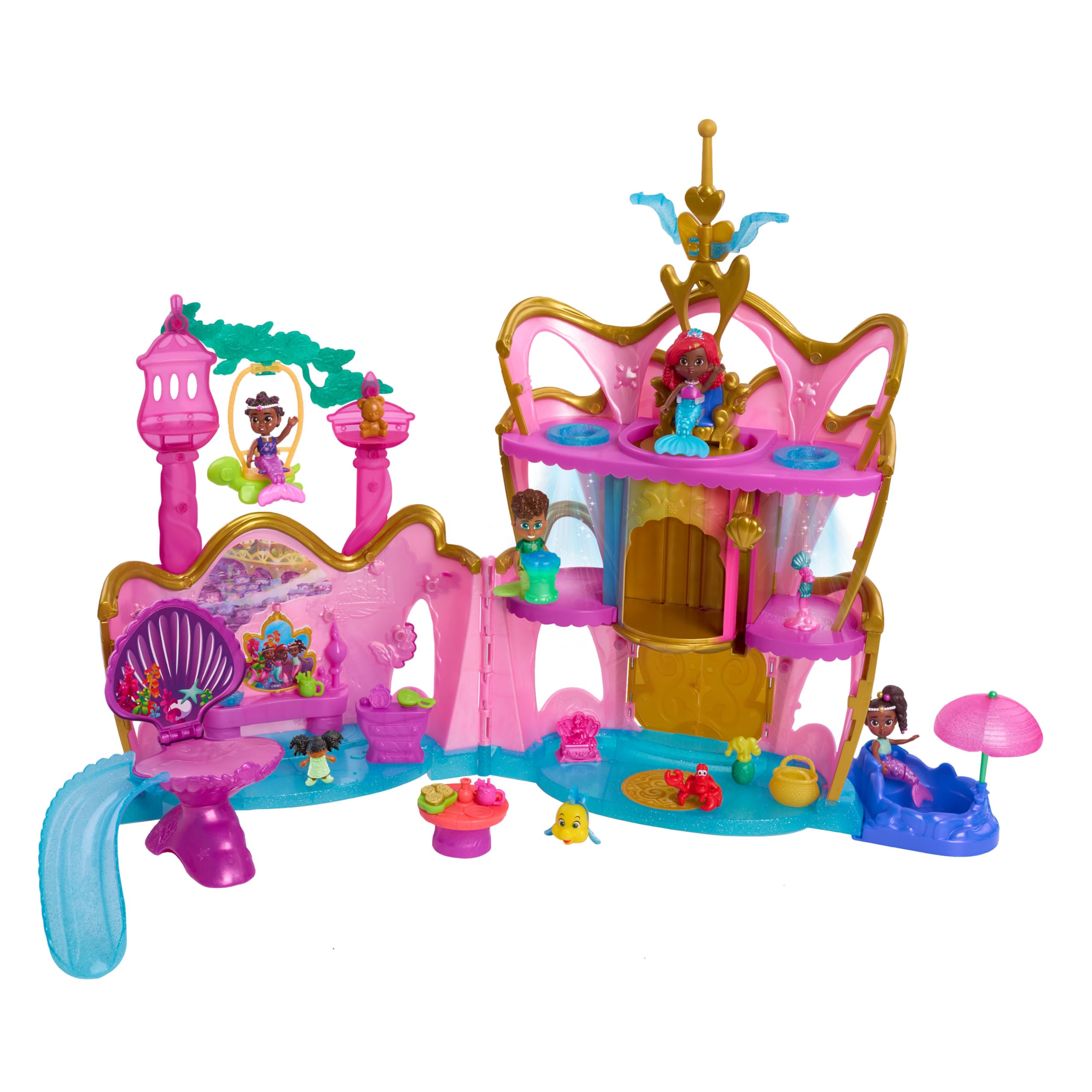 Just PlayDisney Junior Ariel Deluxe Atlantica Palace Playset and 4-inch Figures, Lights and Sounds, 22-Pieces, Bonus Pieces, Kids Toys for Ages 3 Up