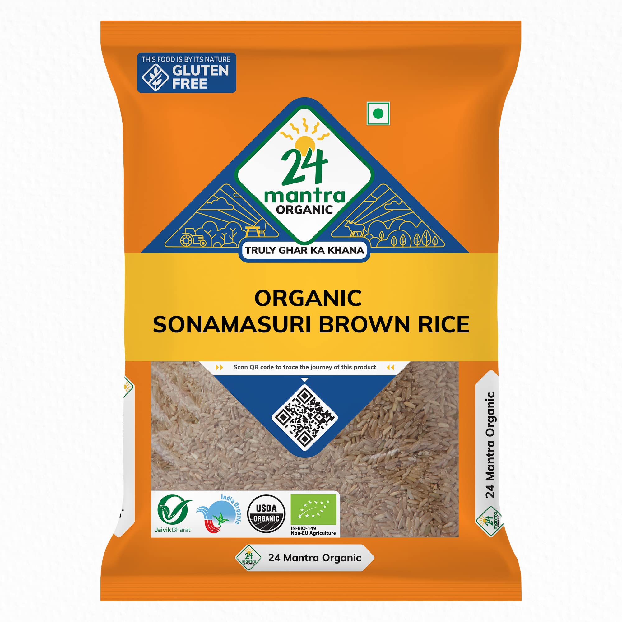 24 Mantra Organic Sonamasuri Unpolished Rice Brown/Brown Chawal - 5 Kg | Pack of 1 | 100% Organic | Chemical Free & Pesticides Free