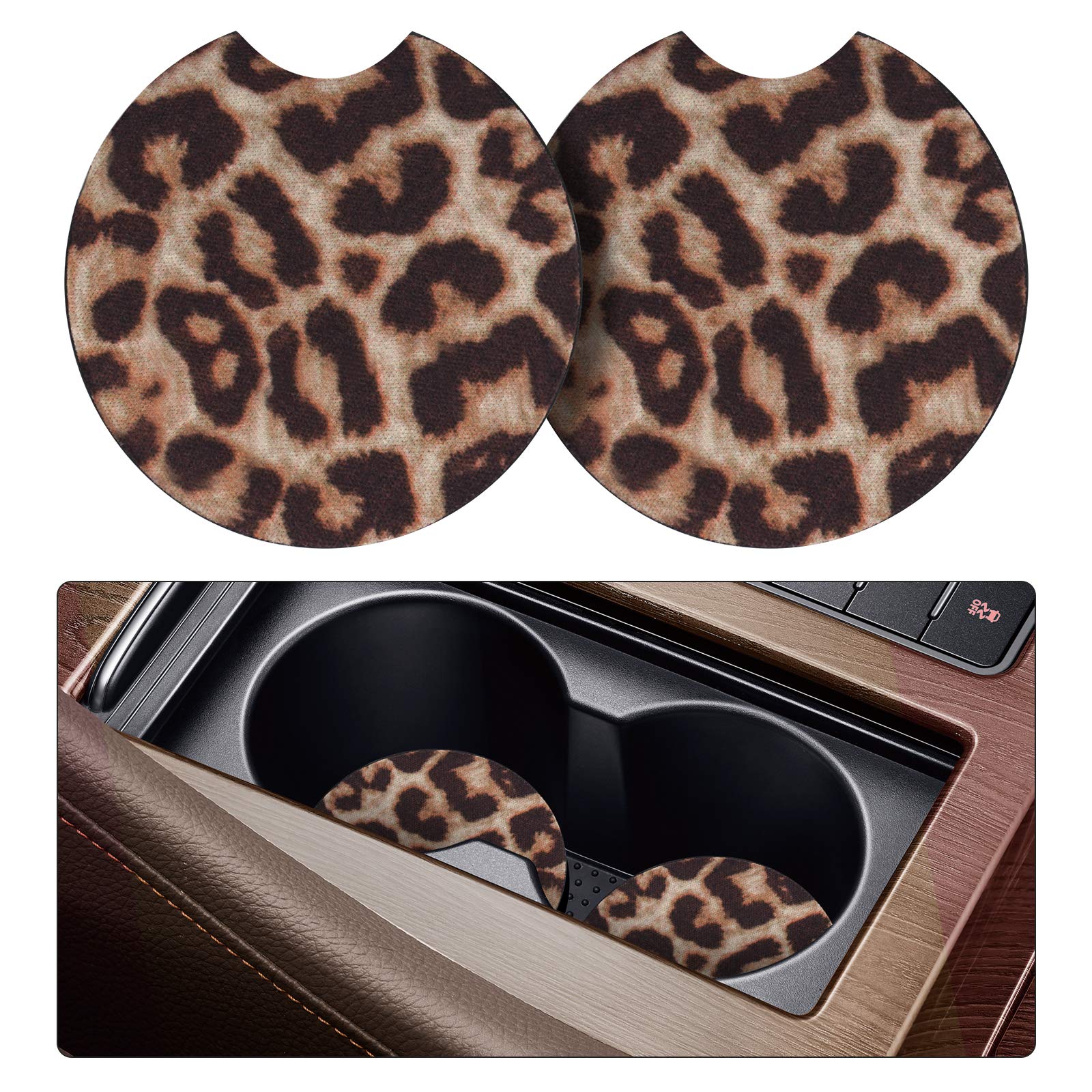 Tifanso 2 Pack Car Coasters for Drinks Absorbent - 2.75 inch Car Cup Holder Coasters, Removable Car Coasters for Women, Leopard Rubber Car Drink Coasters, Cute Car Accessories for Women and Lady