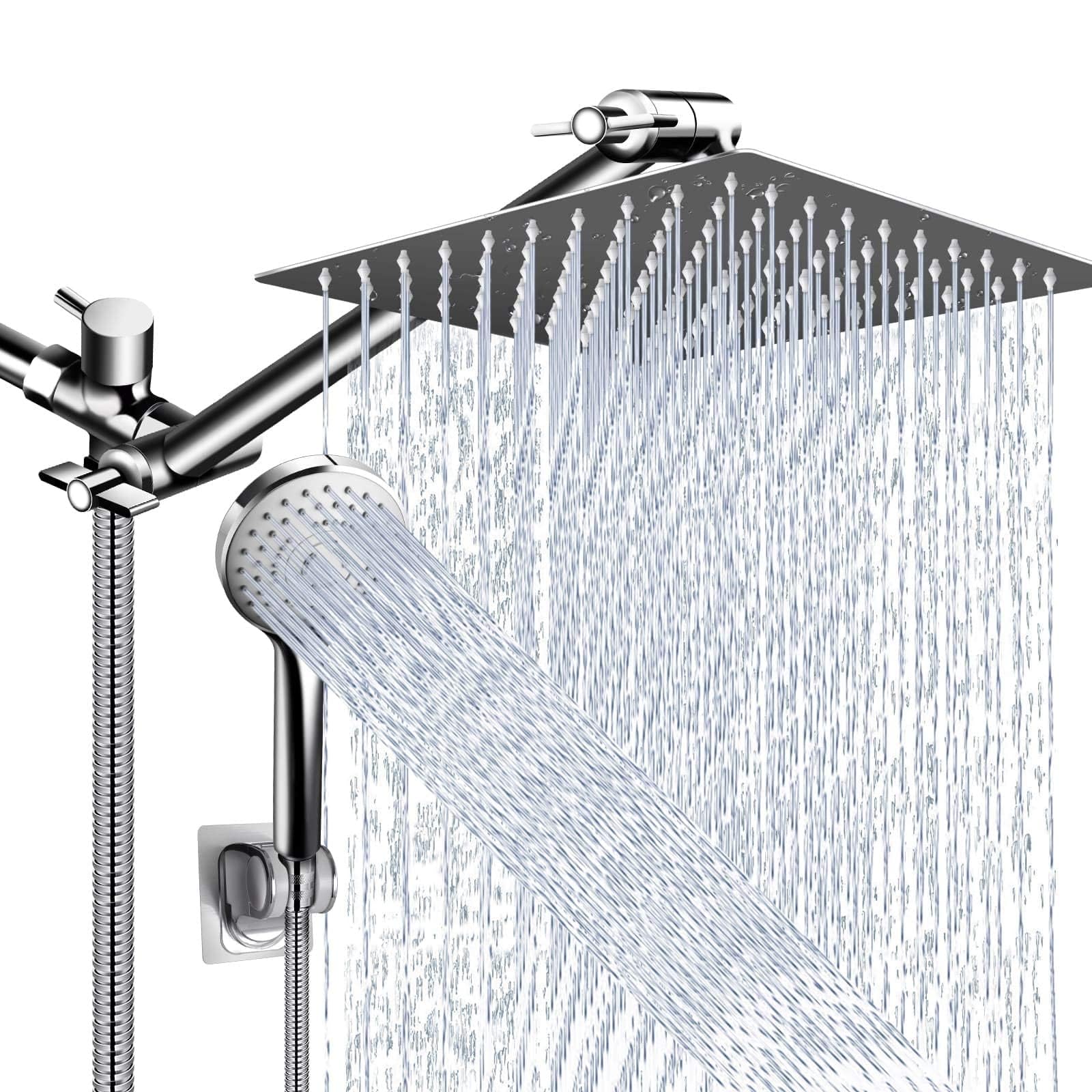 Shower Head Combo,10 Inch High Pressure Rain Shower Head with 11 Inch Adjustable Extension Arm and 5 Settings Handheld,Powerful Shower Spray Against Low Pressure Water with Long Hose