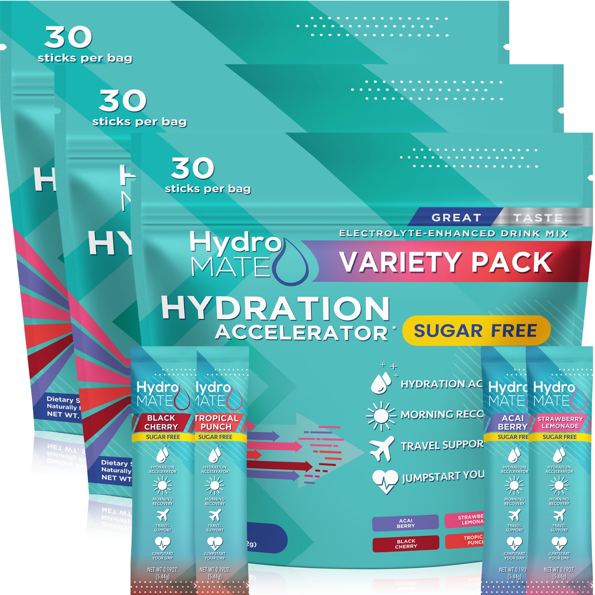 NatureWorksHydroMATE Electrolytes Powder No Sugar Keto Party Favors Sugar Free Hydration Packets Sticks with Vitamin C Variety Pack 90 Count