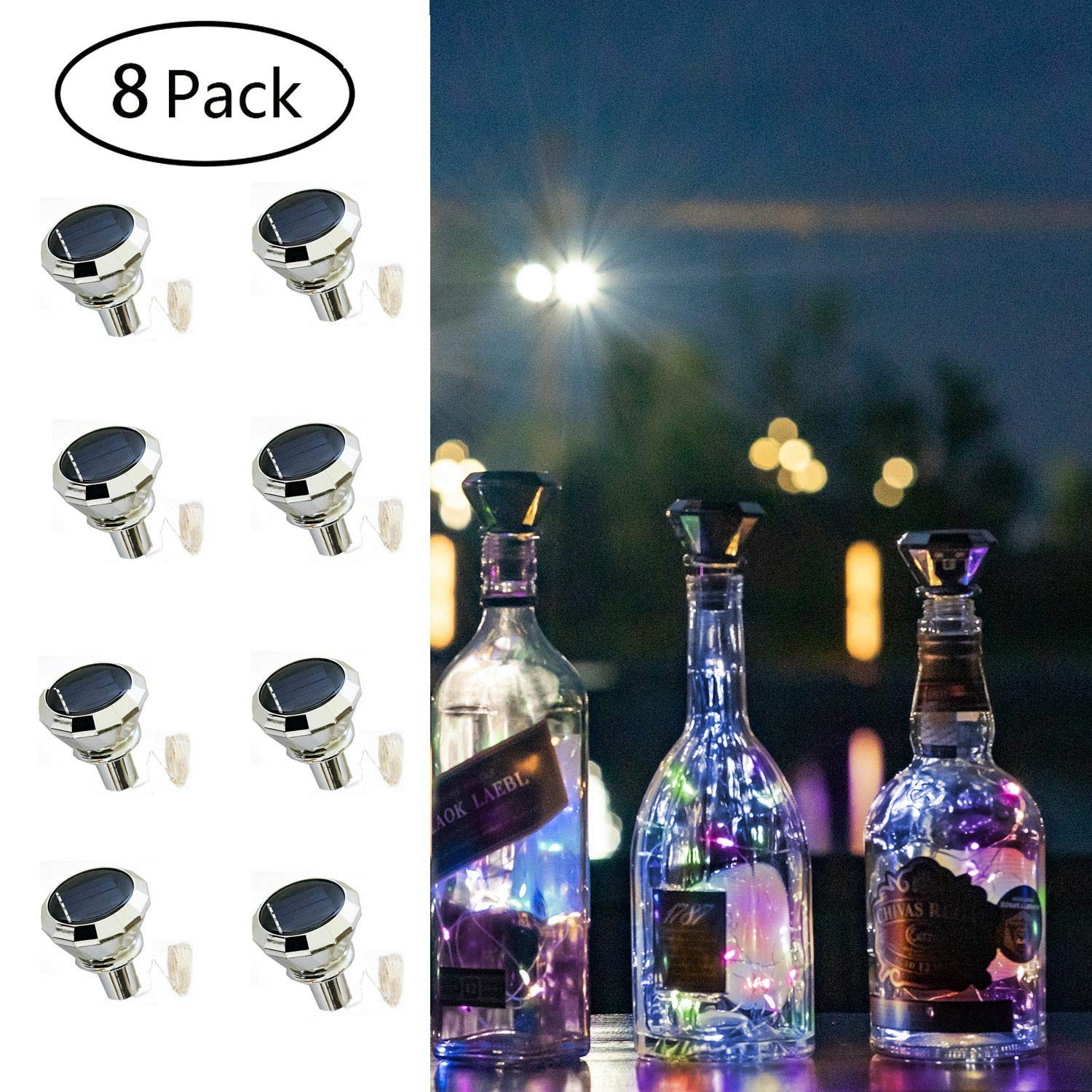 Solar Wine Bottle Lights Outdoor, Cork Lights for Wine Bottles Waterproof, Fairy Lights Solar for Wedding Party Garden Patio Pathway Decor, Suitable for Most Wine Bottle Mouths-MultiColor (8 Pack)