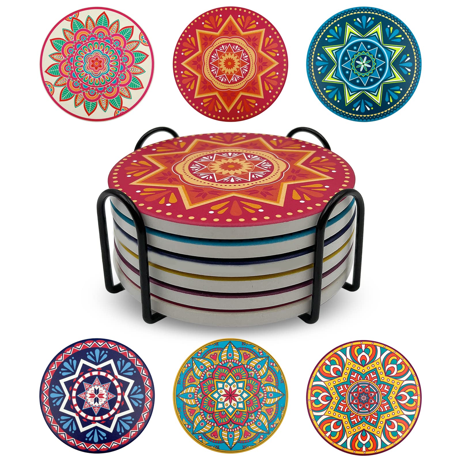 Sets of 6 Coasters for Drinks Absorbent, Mandala Ceramic Coasters with Cork Baser for Coffee Table Decor, Suitable for Kinds of Cups, Great Home and Dining Room Decor