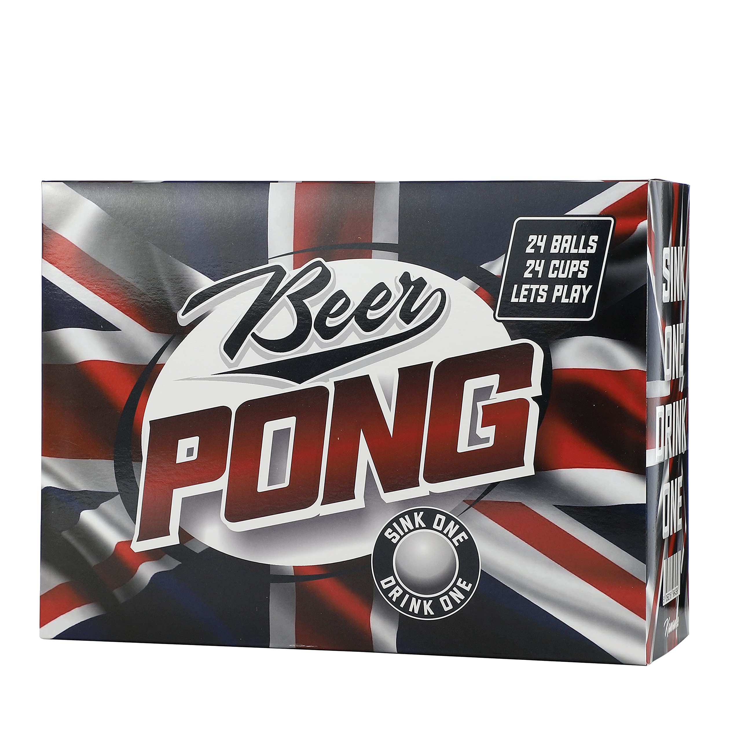 Beer Pong Set 48 PCS Union Jack Colours American Adult Indoor Novelty Party Drinking Game 24 Re-usable Cups and 24 High Bounce Balls Great For GB Great Britain Coronation