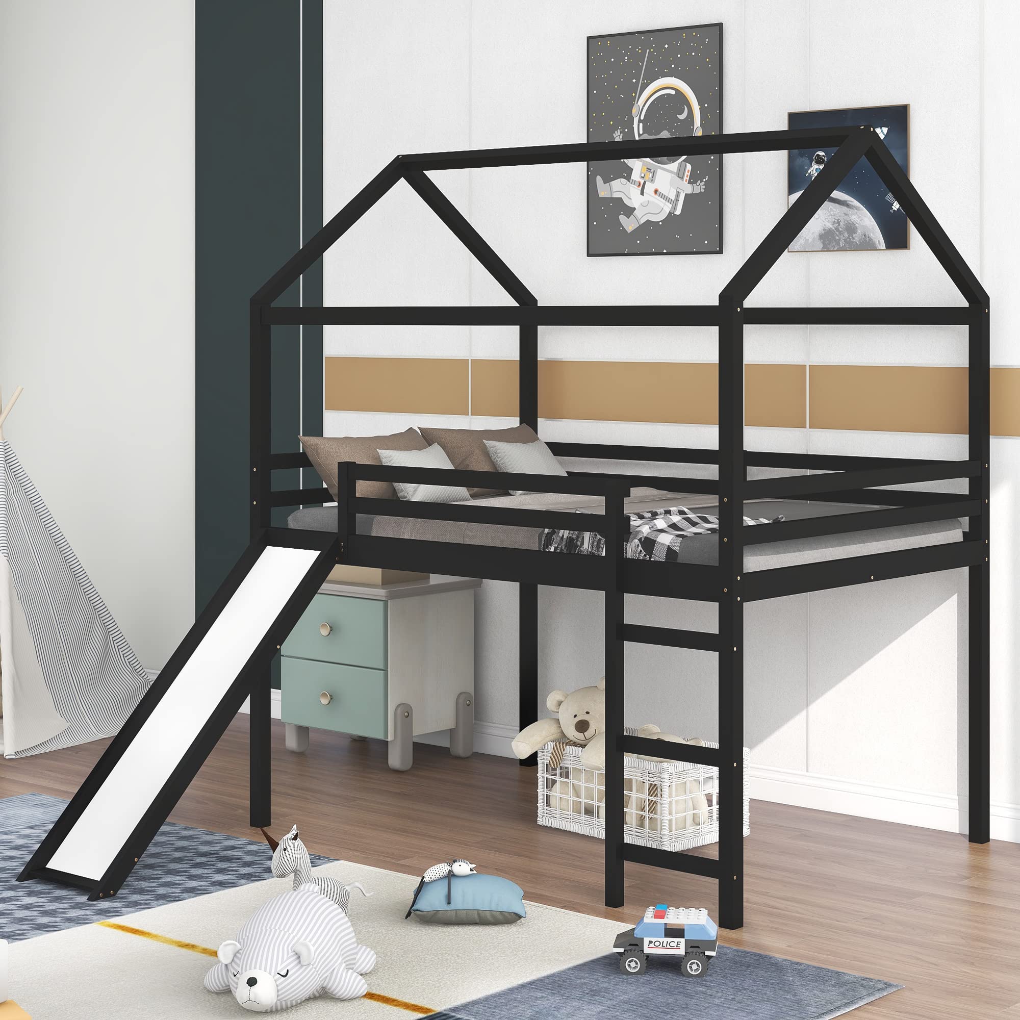 Solid Wood Loft Bed, Kids Low Loft Bed with Slide,Wood Low Profile Kids Mini Loft Bed Suitable for Girls and Boys,Easy Assemble,No Box Spring Needed (Full-House Bed-Espresso)