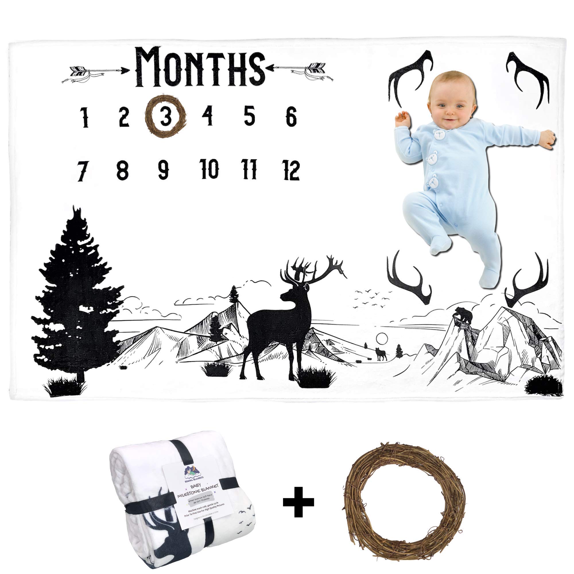 KEMINA BLANKETS Monthly Milestone Blanket for Boy - Milestone Blanket for Baby Boy, Woodland Nursery Decor, Baby Milestone Blanket Includes Brown Wreath, Deer Milestone Blanket for Newborn, 60x40