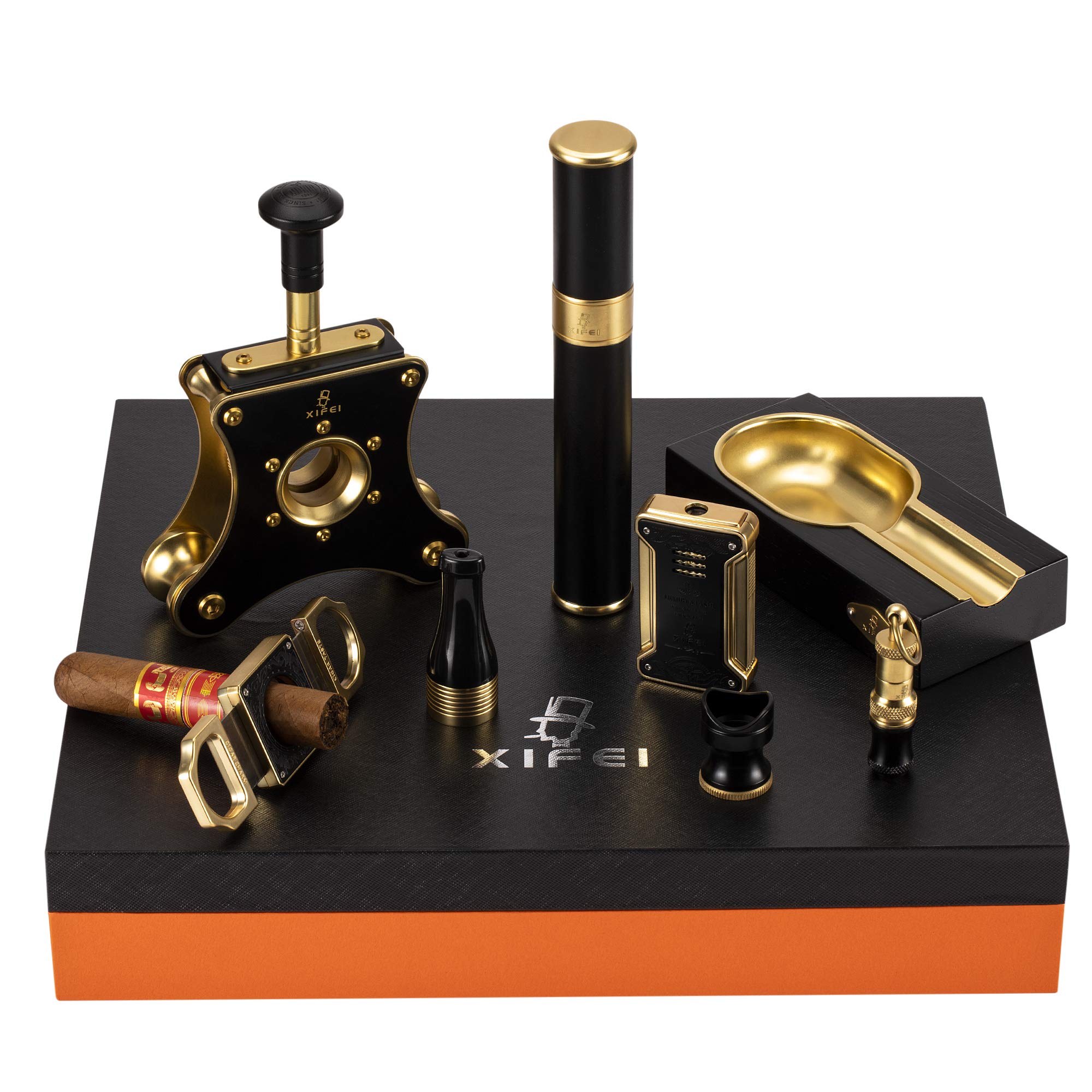 XIFEI Cigar Cutter Set 8 Piece Cigar Punch & Ashtray & Cigar Tube & Cigar Lighter& Cigar Stand Luxury Accessories Cigar Smoking Gift Set