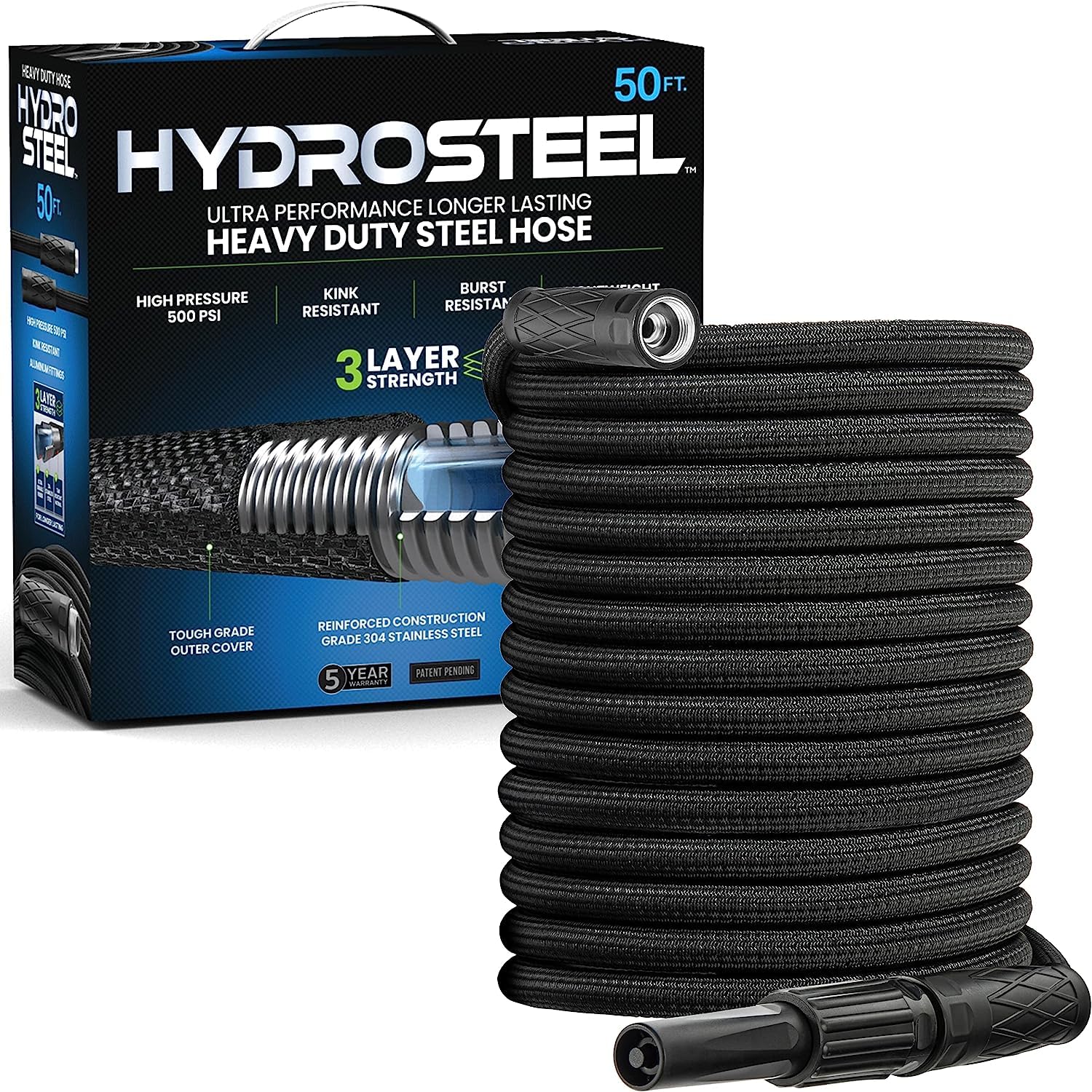 Hydrosteel 50 Ft Garden Hose, 304 Stainless Steel Metal Water Hose 50Ft, Ultra Durable Flexible Lightweight Crush Resistant Fittings Kink & Tangle Free 5/8” Inner Diameter, 500 PSI AS SEEN ON TV