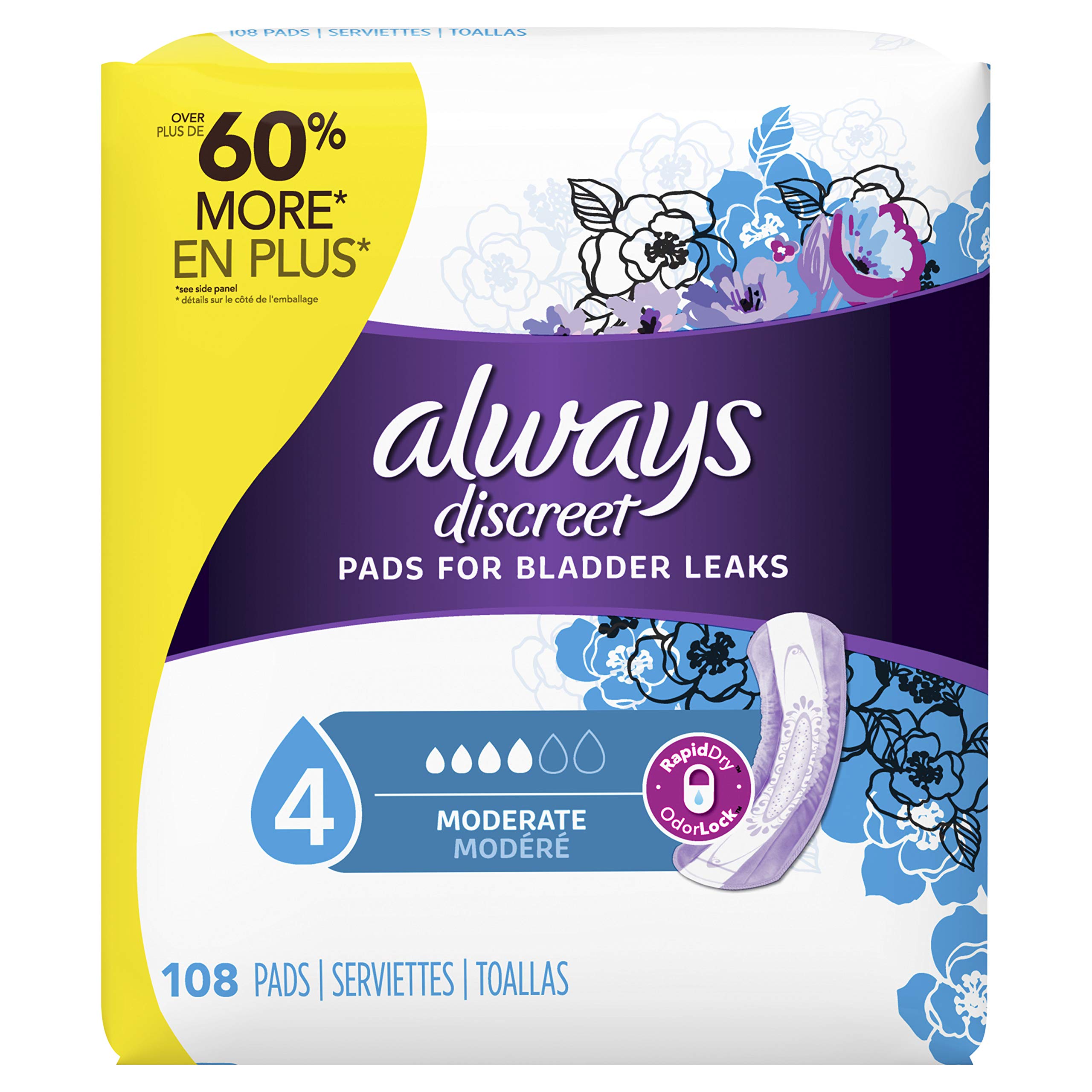 Always Discreet Incontinence Pads, Moderate, Regular Length, 108 ea