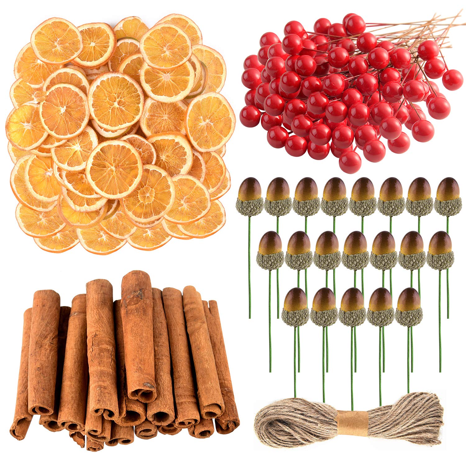 CHRORINE 210 Pcs Christmas Wreath Accessories Artificial Berries Orange Slices Acorn Cinnamon Sticks for Christmas Wreath Craft Party Decor