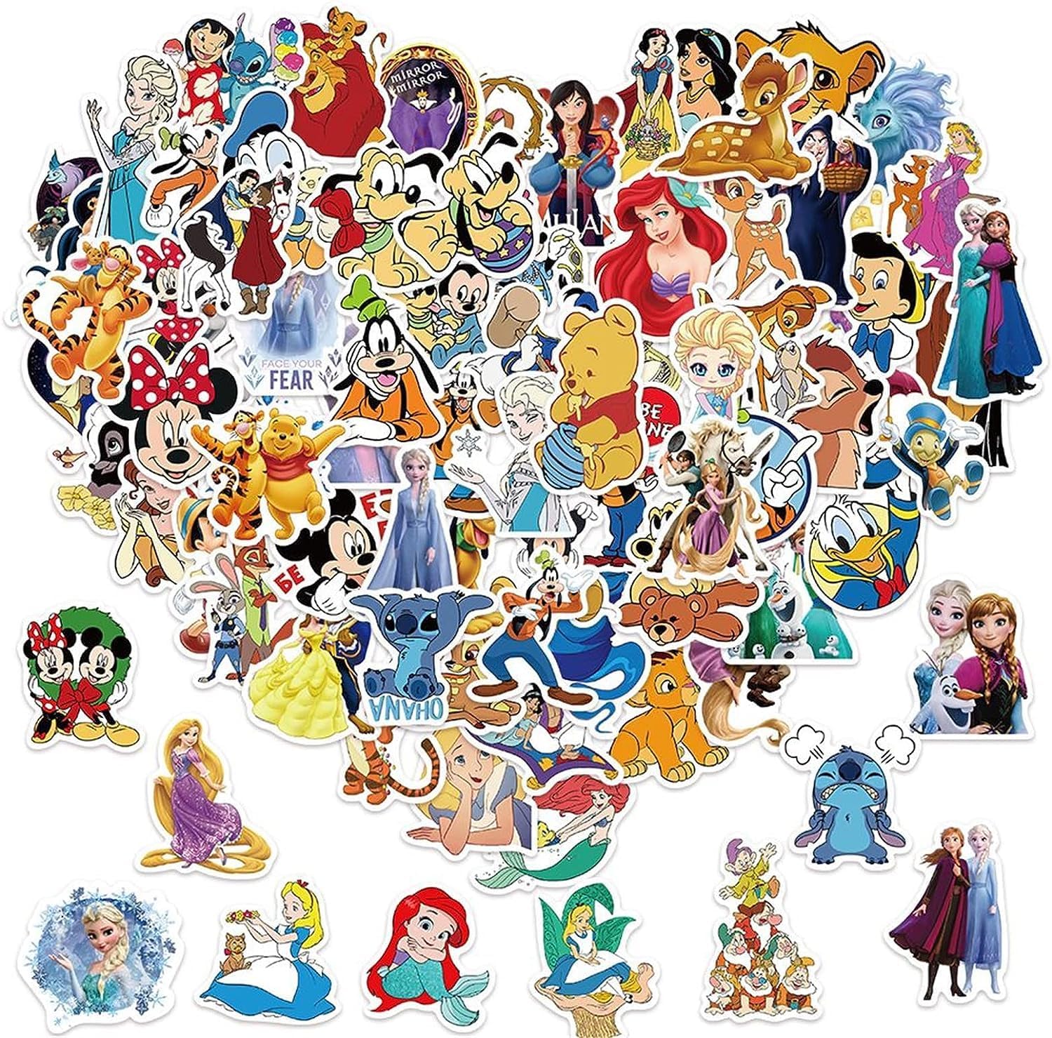 50-Piece Disney Stickers Set for Kids Princess Cartoon Characters Decals for Children Cute Water Bottles, Laptops, and Luggage - Ideal for Kids, Teens, and Adults