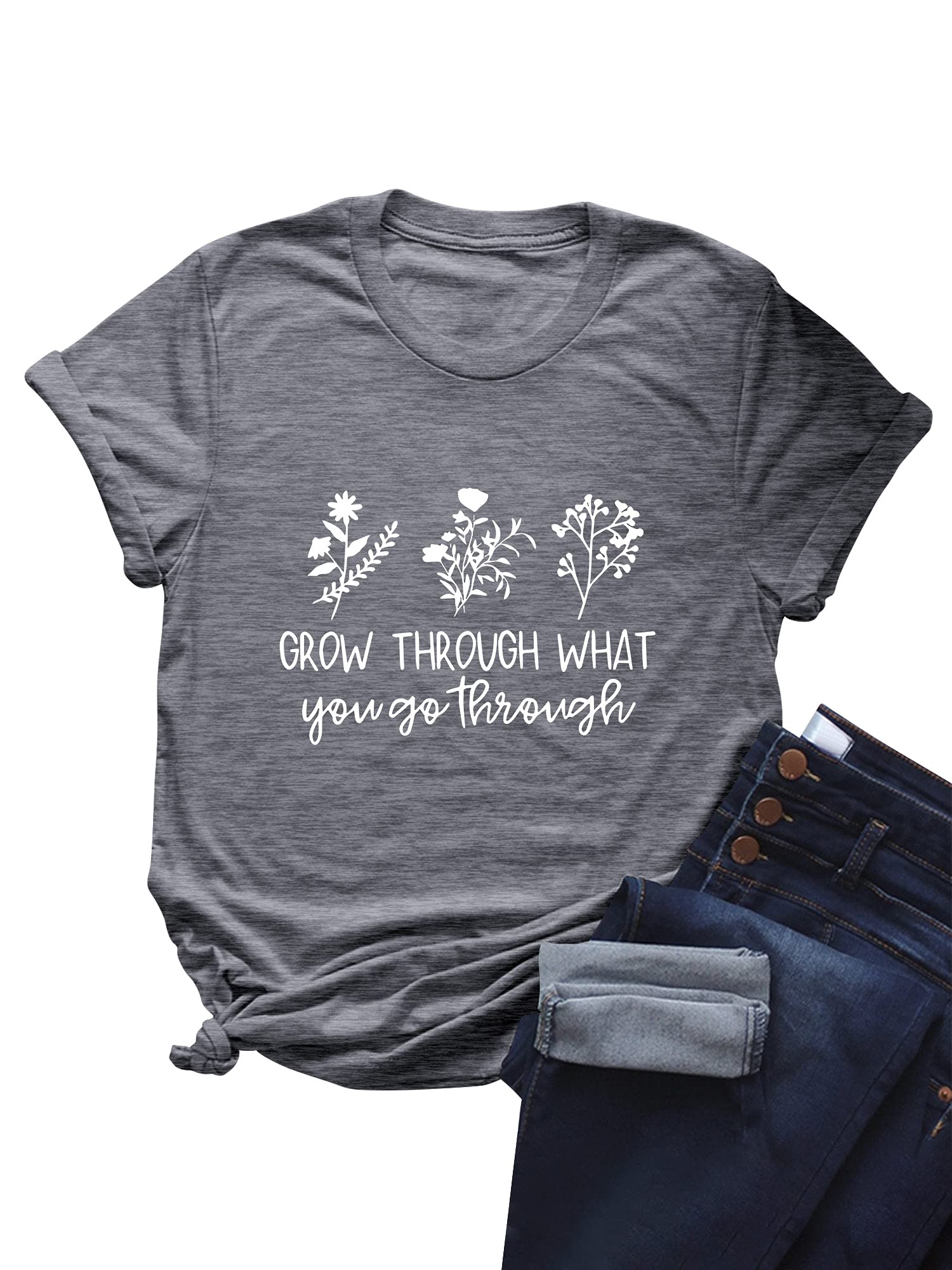 DresswelGrow Through What You Go Through Tee for Women Letter Floral Print T-Shirt Tops