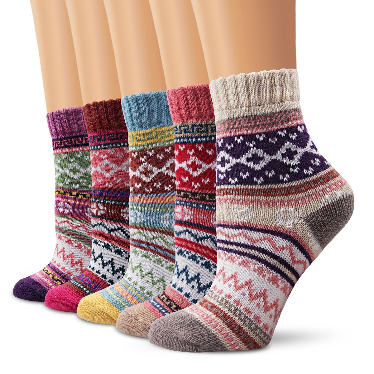 AmbiellyWinter Women Socks 5 Pairs Vintage Style Knit Wool Casual Socks Thick Warm Colorful Socks