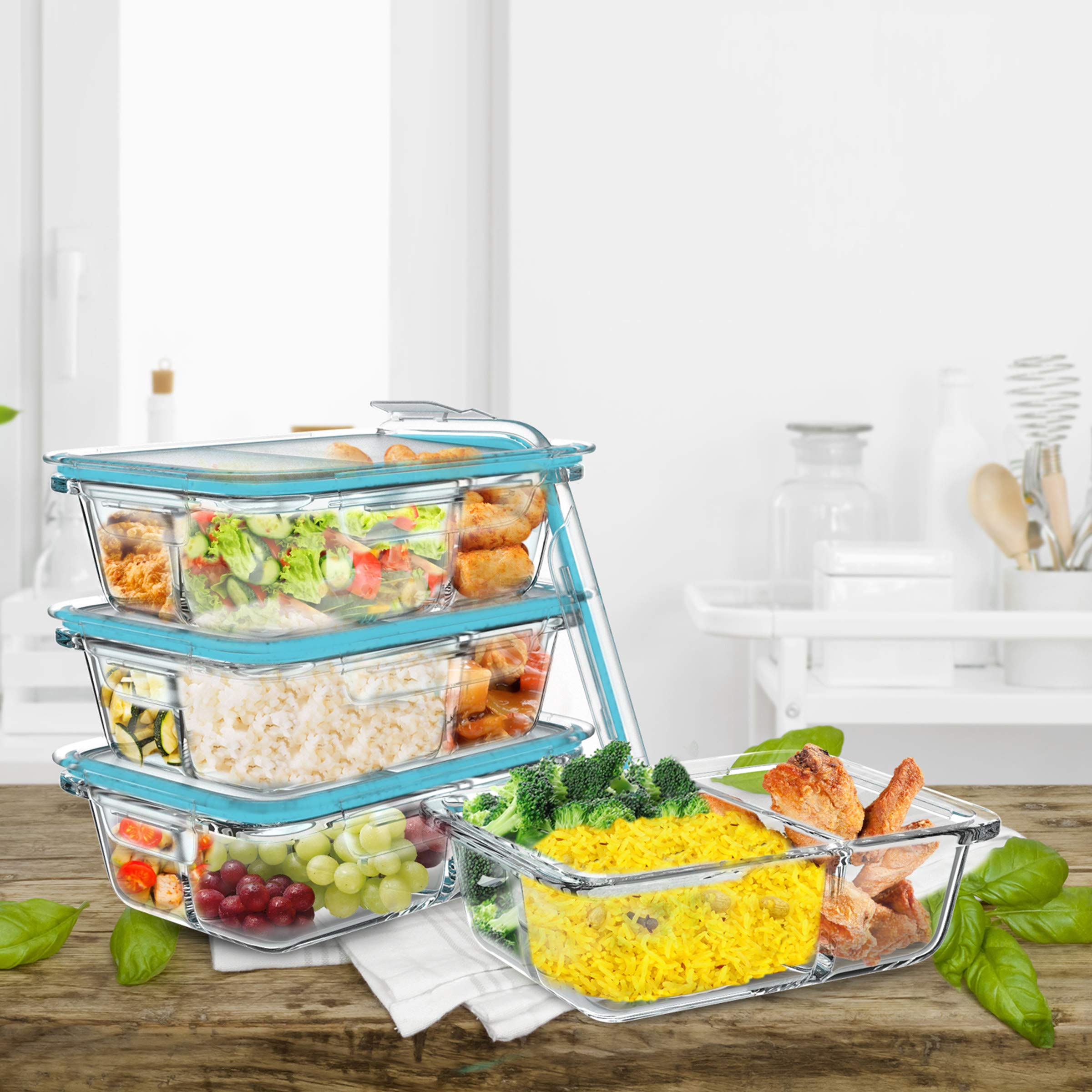 Glass Food Storage Containers-4 Three Compartment Portion Control Meal Prep Glassware and Snap Shut Lids-Microwave, Dishwasher Safe by Classic Cuisine Transparent