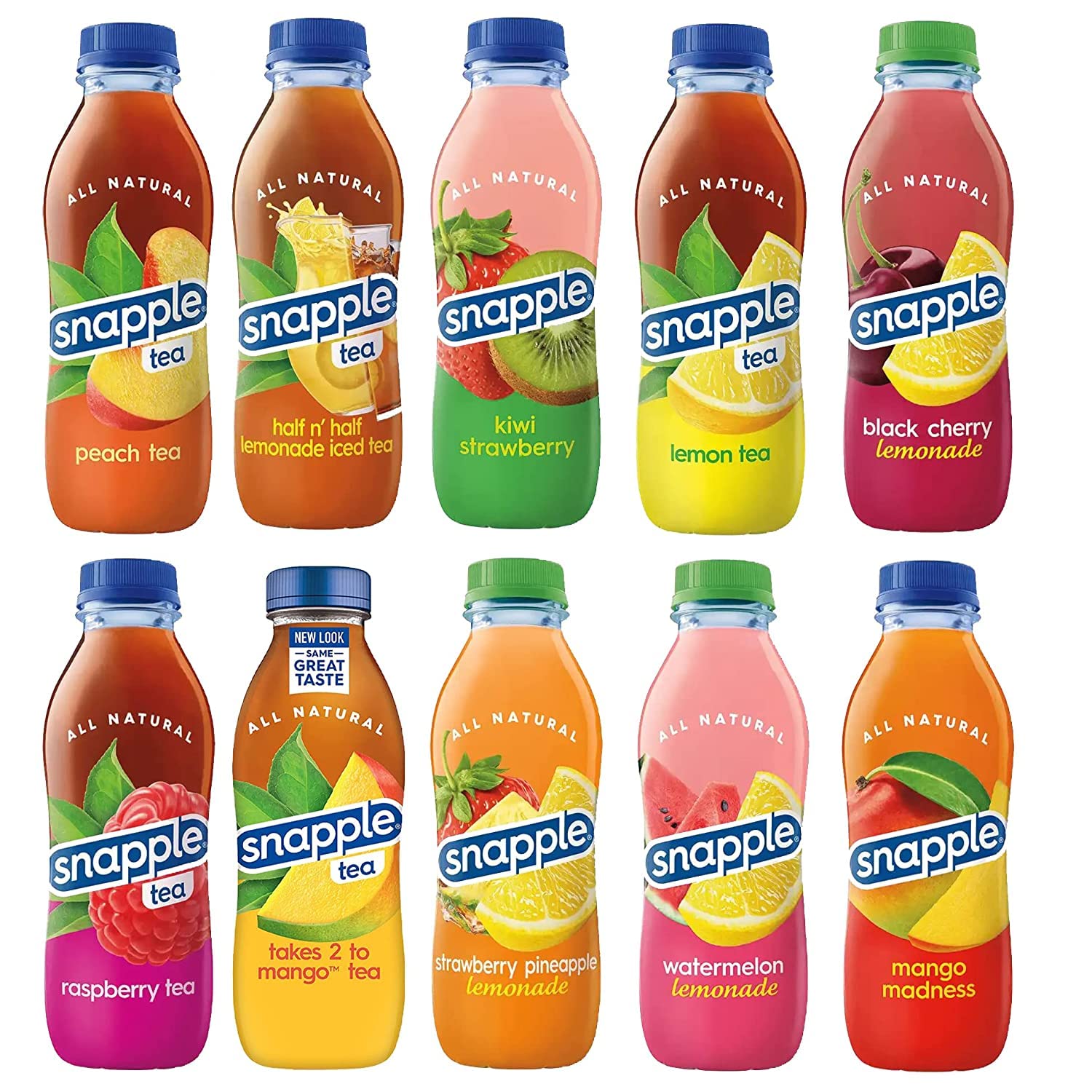 BeeQBOX - (Pack of 10) Snapple Juice Variety Drinks | 10 Different Flavors : half and half, kiwi strawberry, mango madness, raspberry, lemon, mango, peach, lemonade watermelon, black cherry lemonade, strawberry pineapple lemonade | 16 Fl Oz Plastic Bottle