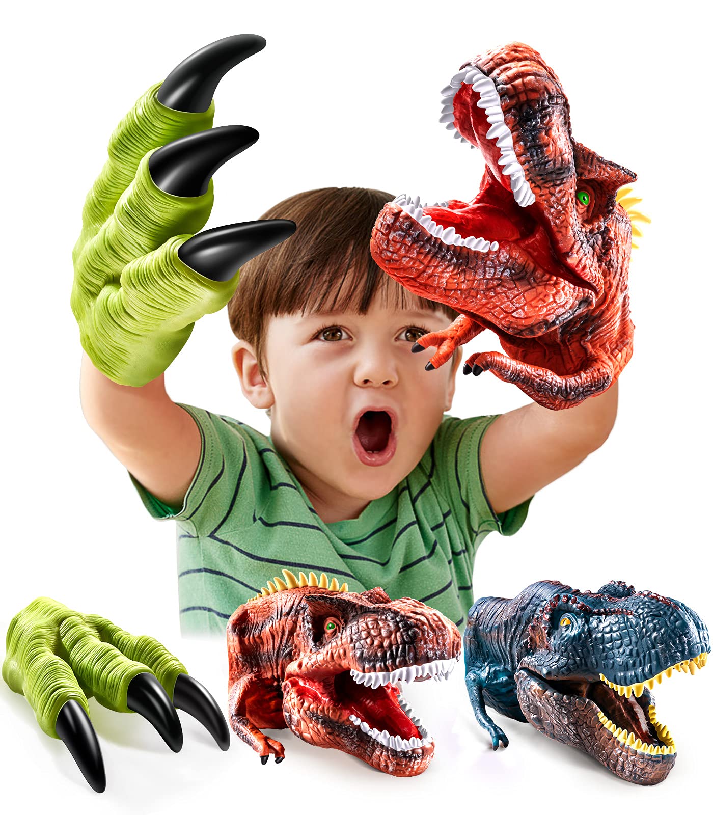 Geyiie Dinosaur Toys Hand Puppet for Kids, Dinosaurs Claws Head Soft Rubber, Dino Figures Set Animal Glove T-Rex Velociraptor Puppets Gifts for boys/Girls Age 3 4 5 6 7, 3 Pack