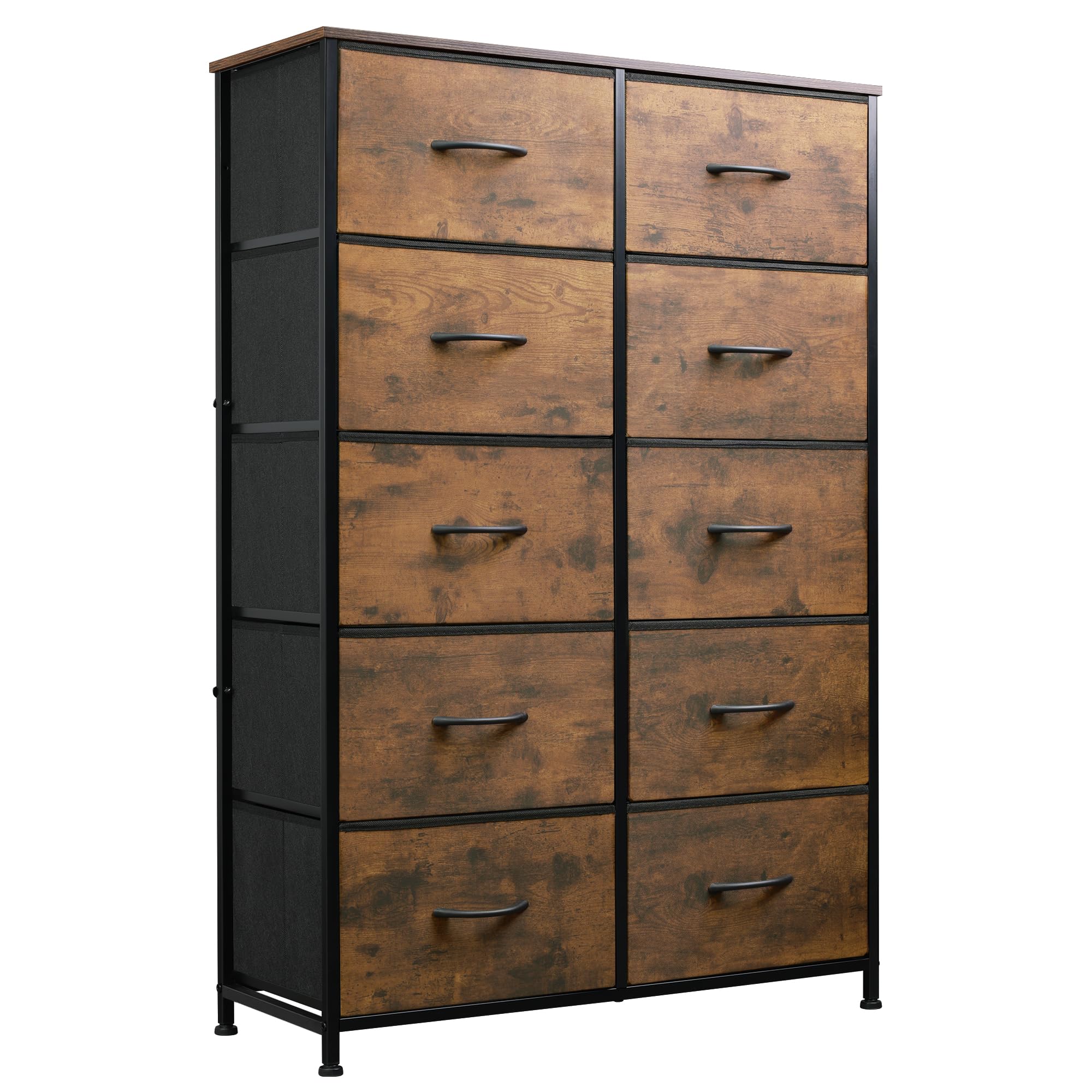 WLIVE Tall Dresser for Bedroom with 10 Fabric Drawers, Organizer Units for Closet, Storage Tower with Cabinet, Metal Frame, Rustic Brown Wood Grain Print Dressers