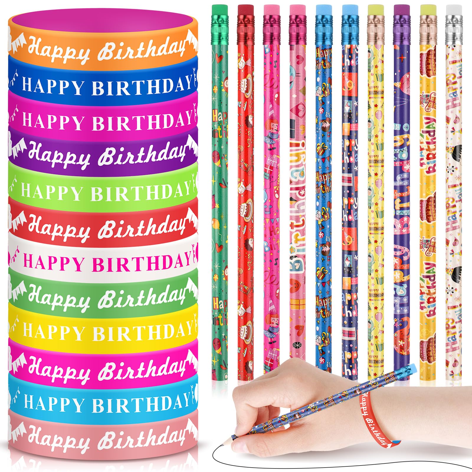 Sabary 48 Pcs Happy Birthday Pencils Rubber Bracelets Set Birthday Party Favors Birthday Pencils Silicone Wristbands Birthday Bracelet for Kids Students Teachers Classroom Reward Gifts (Bright Style)