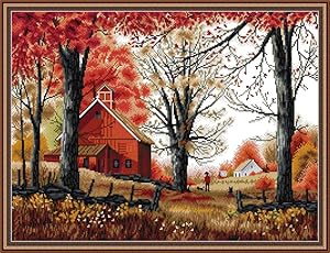 Maydear Cross Stitch Kits Stamped Full Range of Embroidery Starter Kits for Beginners DIY 14CT 2 Strands - Deep Autumn 20.8×16.5 inch (14CT)