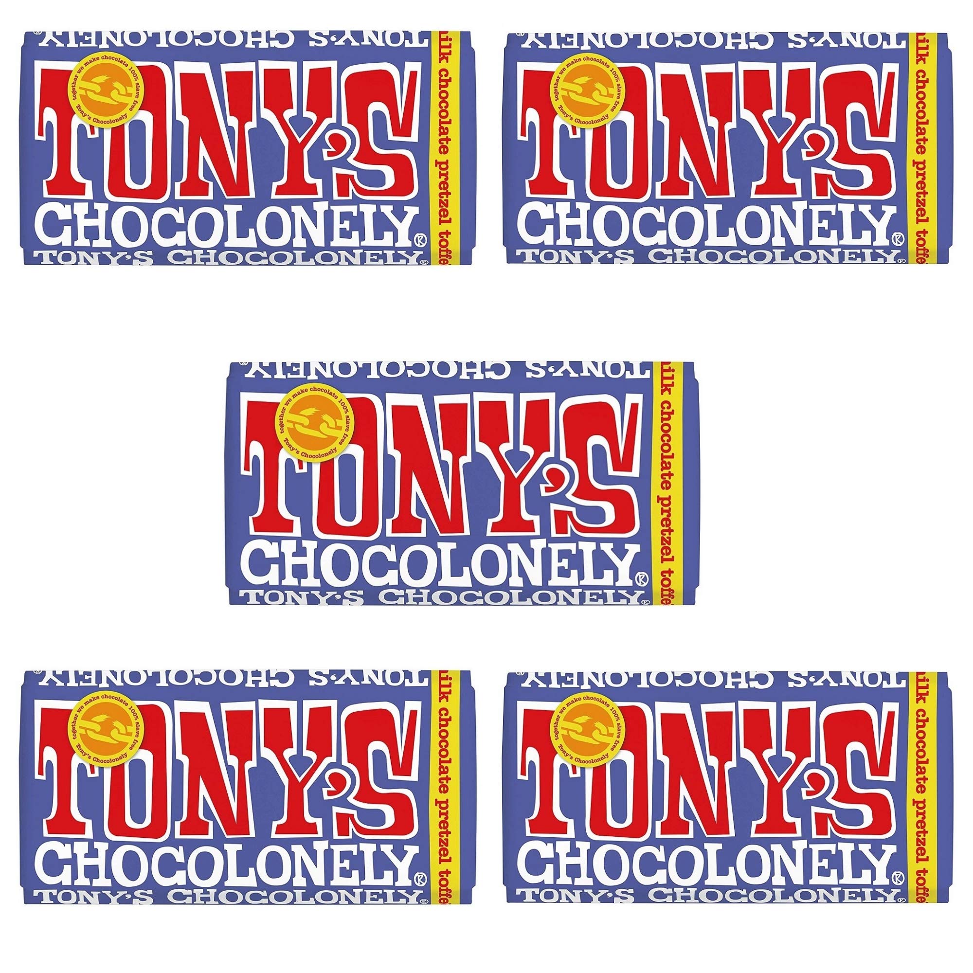 Tony's Chocolonely Chocolate 180g - 5 Pack, Dark Milk Chocolate Pretzel & Toffee