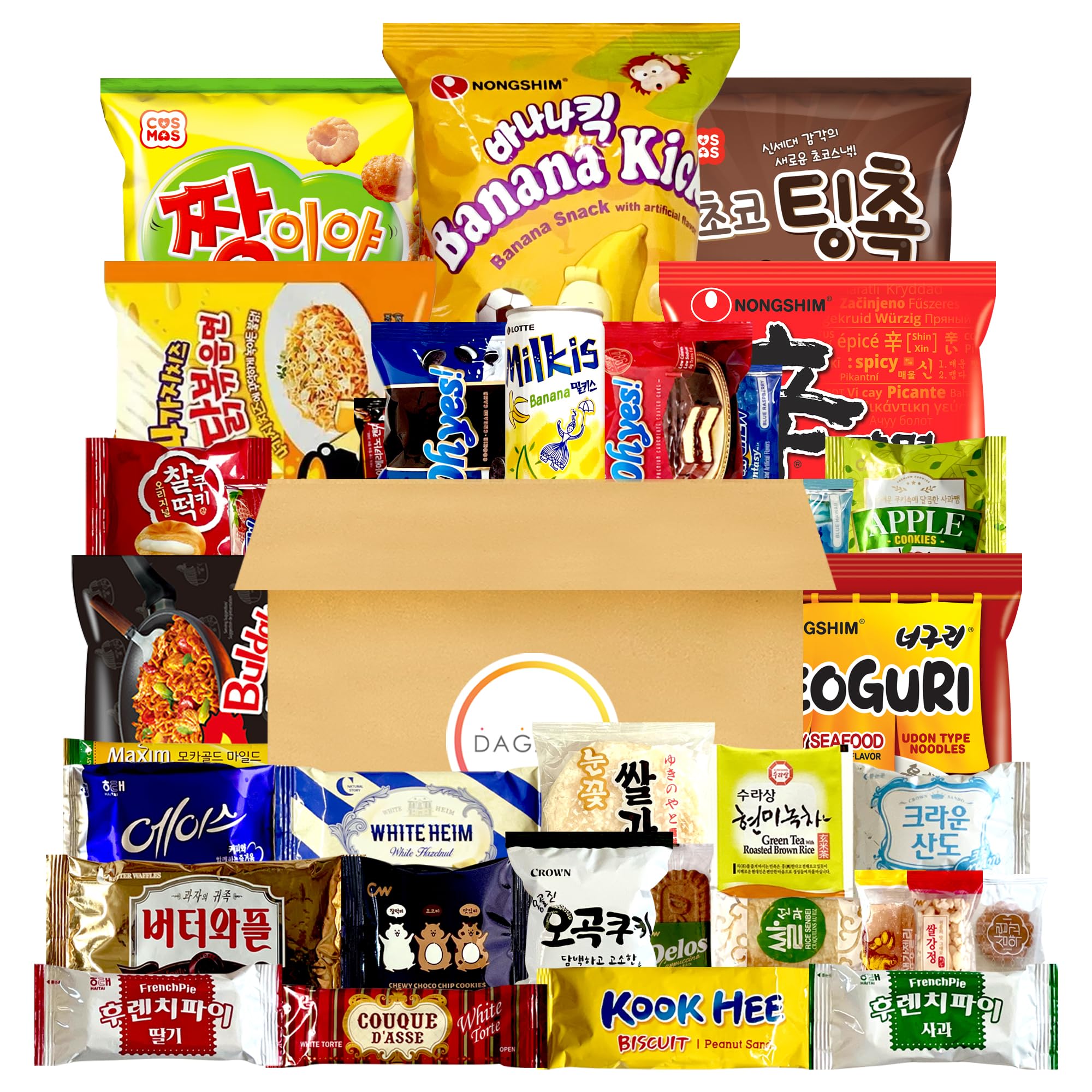 DAGAON Premium Korean Snack Box 34 Count – Scrumptious Korean Snacks and Foods Including Chips, Biscuits, Cookies, Pies, Candies, Drinks, Ramen Noodles. Variety Korean snacks for any occasions, gifts and everyone.