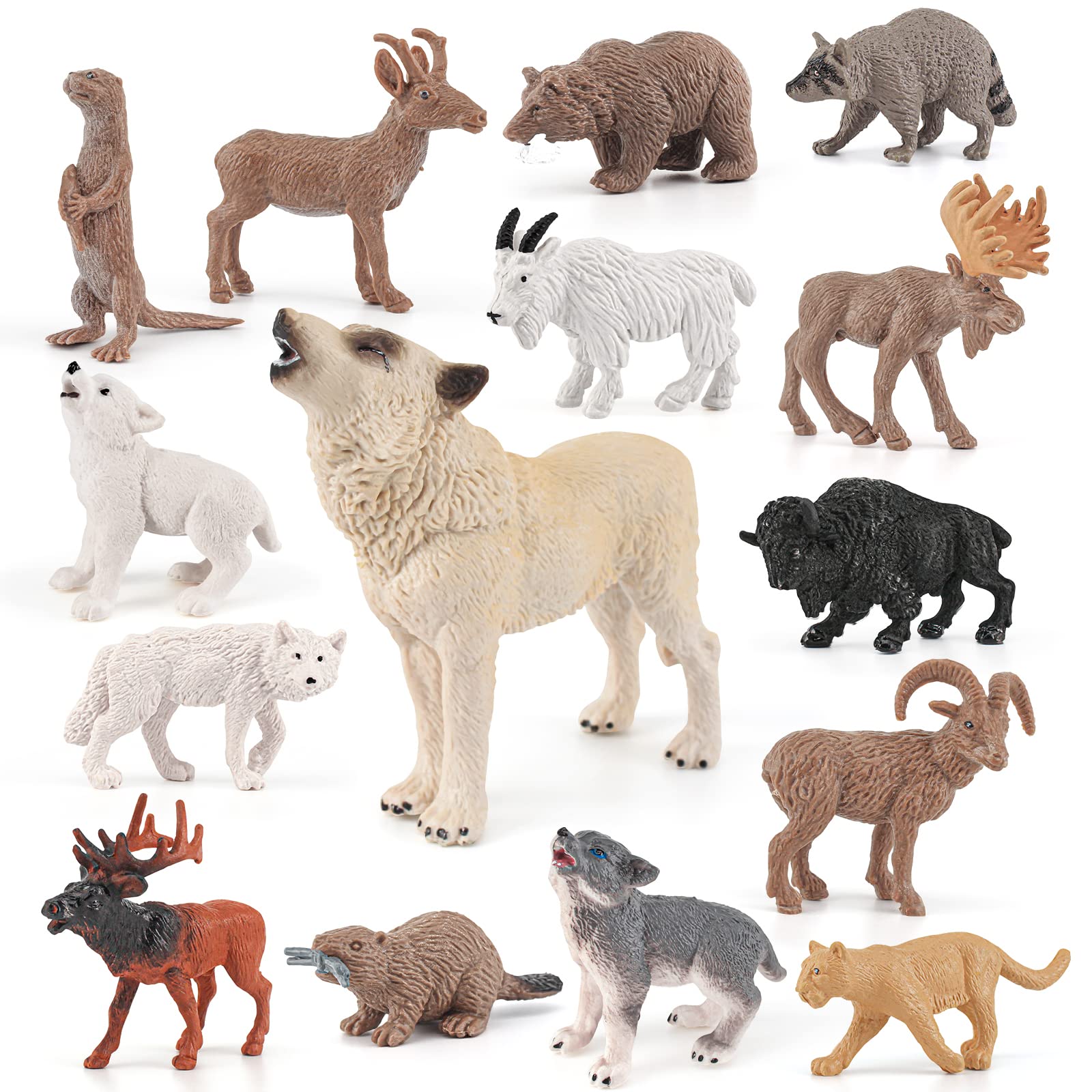 15PCS Wolf Figure North American Animals Set Mini Wild Animals Figurines Set Plastic Moose Figure Toy Gift for Kid Toddlers Raccoon Animals Cake Topper