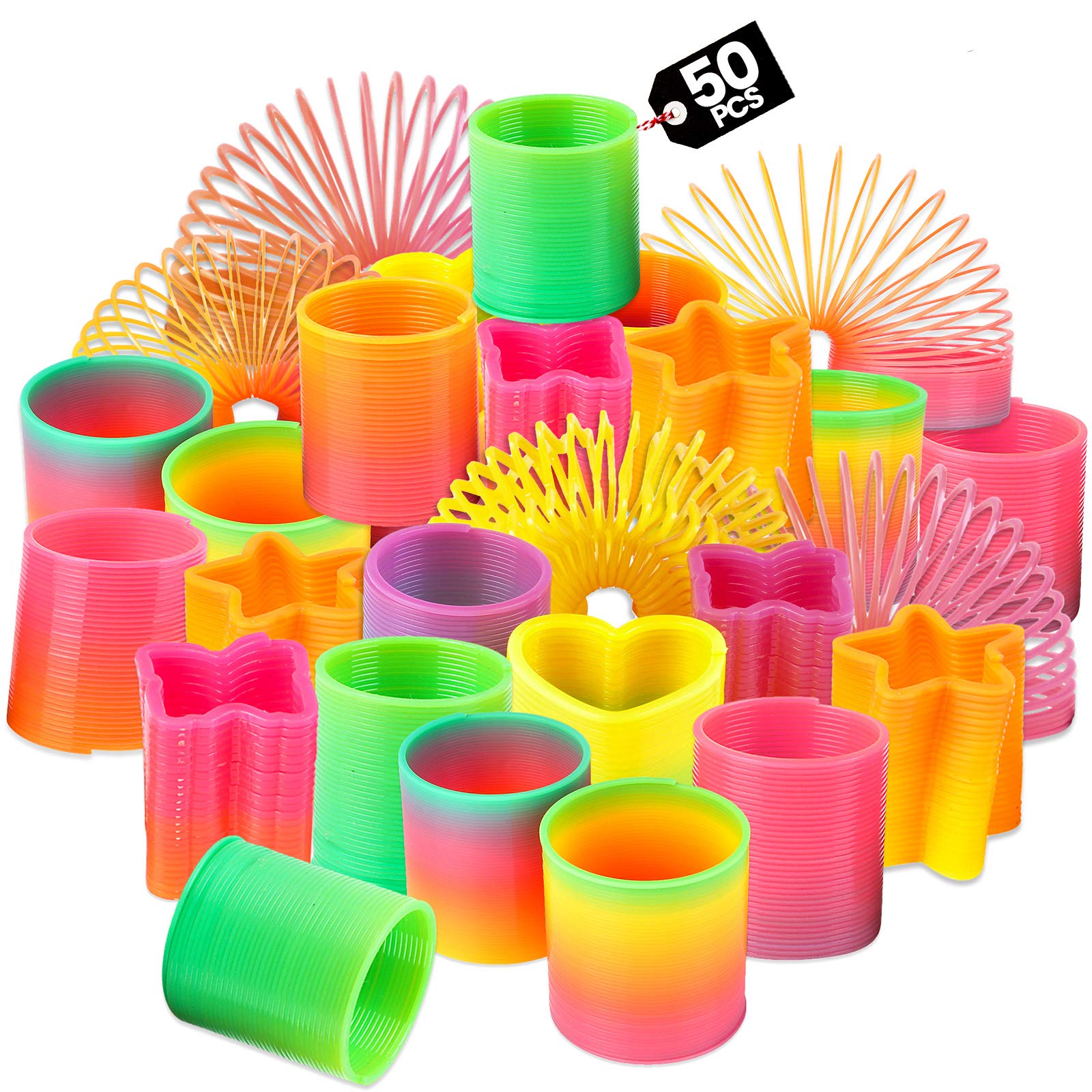 BedwinaRainbow Spring Toy Assortment - (Pack of 50) Plastic Mini Spring Toy | Bright Colours and Shapes, Bag Fillers for Kids Party Prizes and Stocking Fillers for Kids