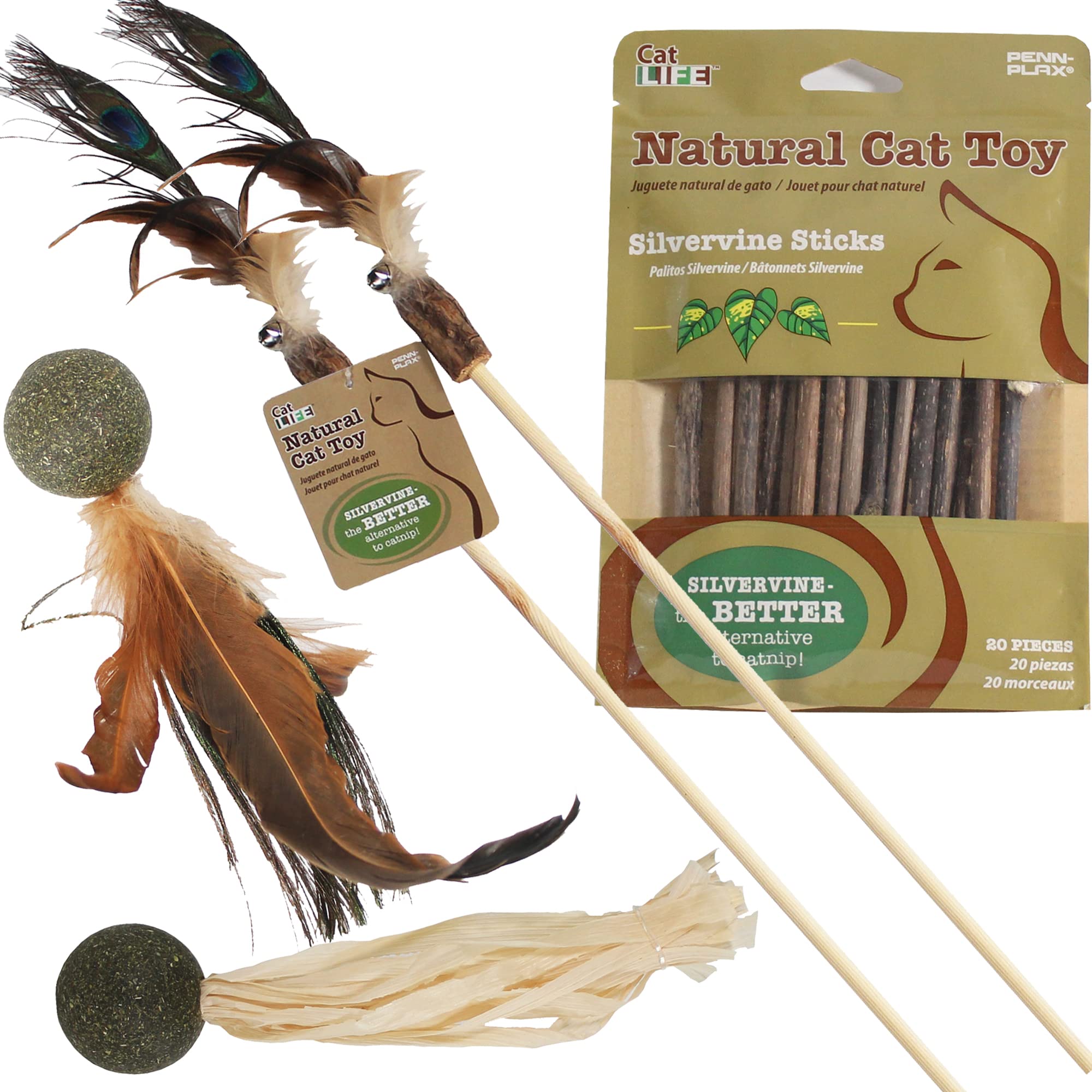 Penn-PlaxCat-Life Natural 5-Piece Toy Bundle for Cats – Contains Silvervine and Compressed Catnip – 2 Wands, 1 Pack of Silvervine Sticks, and 2 Birdies