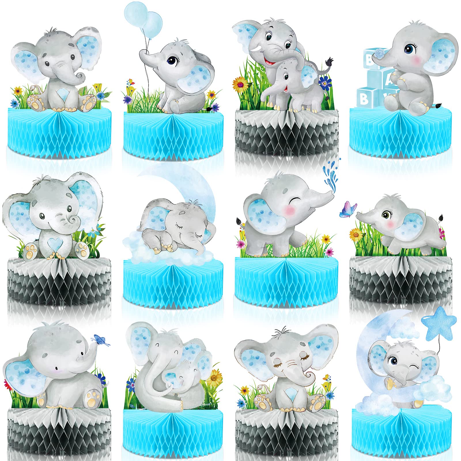 12 Pcs Blue Elephant Honeycomb Centerpieces, Floral Elephant Table Decorations, Baby Shower Centerpieces Elephant Double Sided Baby Shower Decorations Elephant Centerpiece for Baby Shower Party Supply