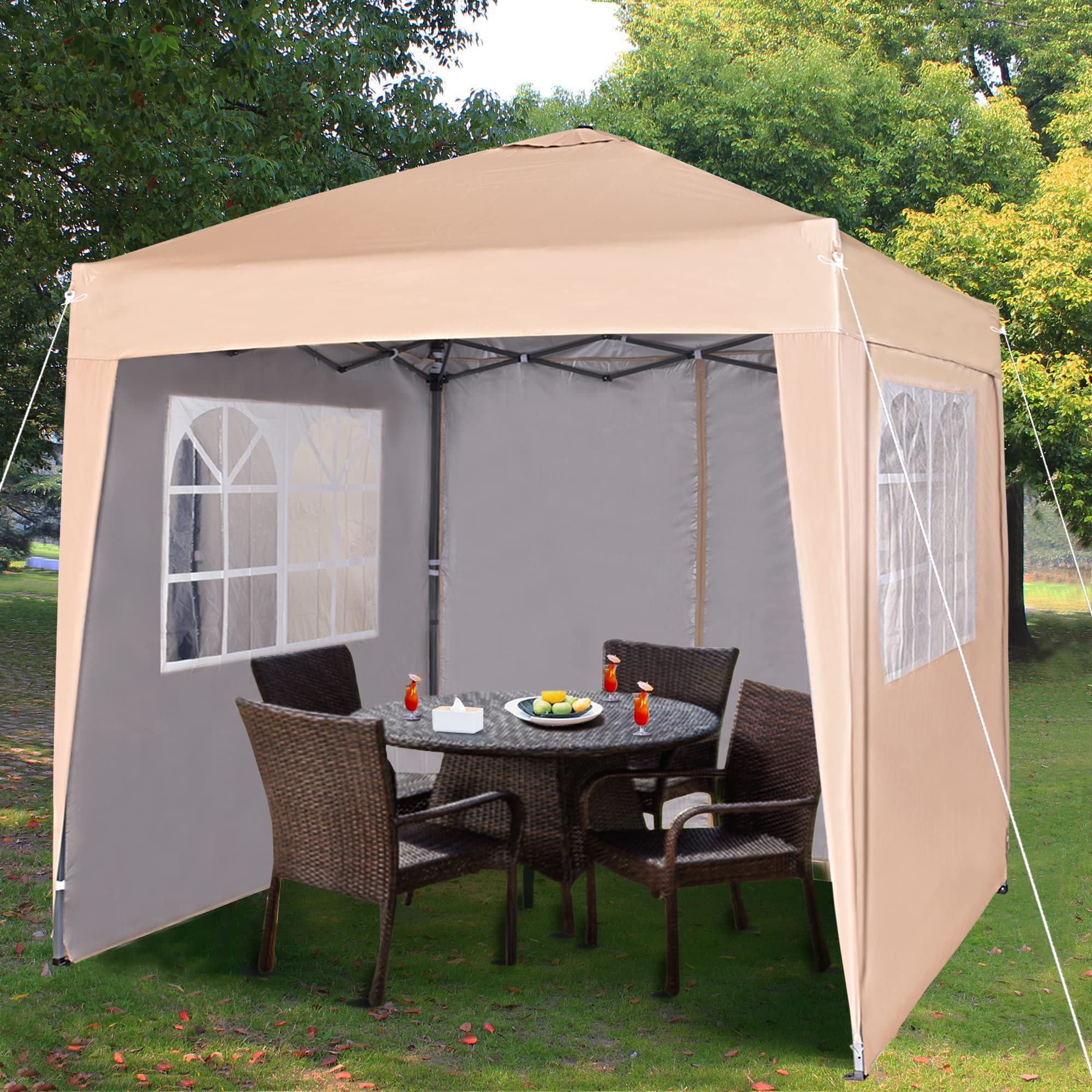 Pop-up Gazebo 2m x 2m With Sides Silver Protective Layer Waterproof Marquee Canopy (WS) (Beige1)