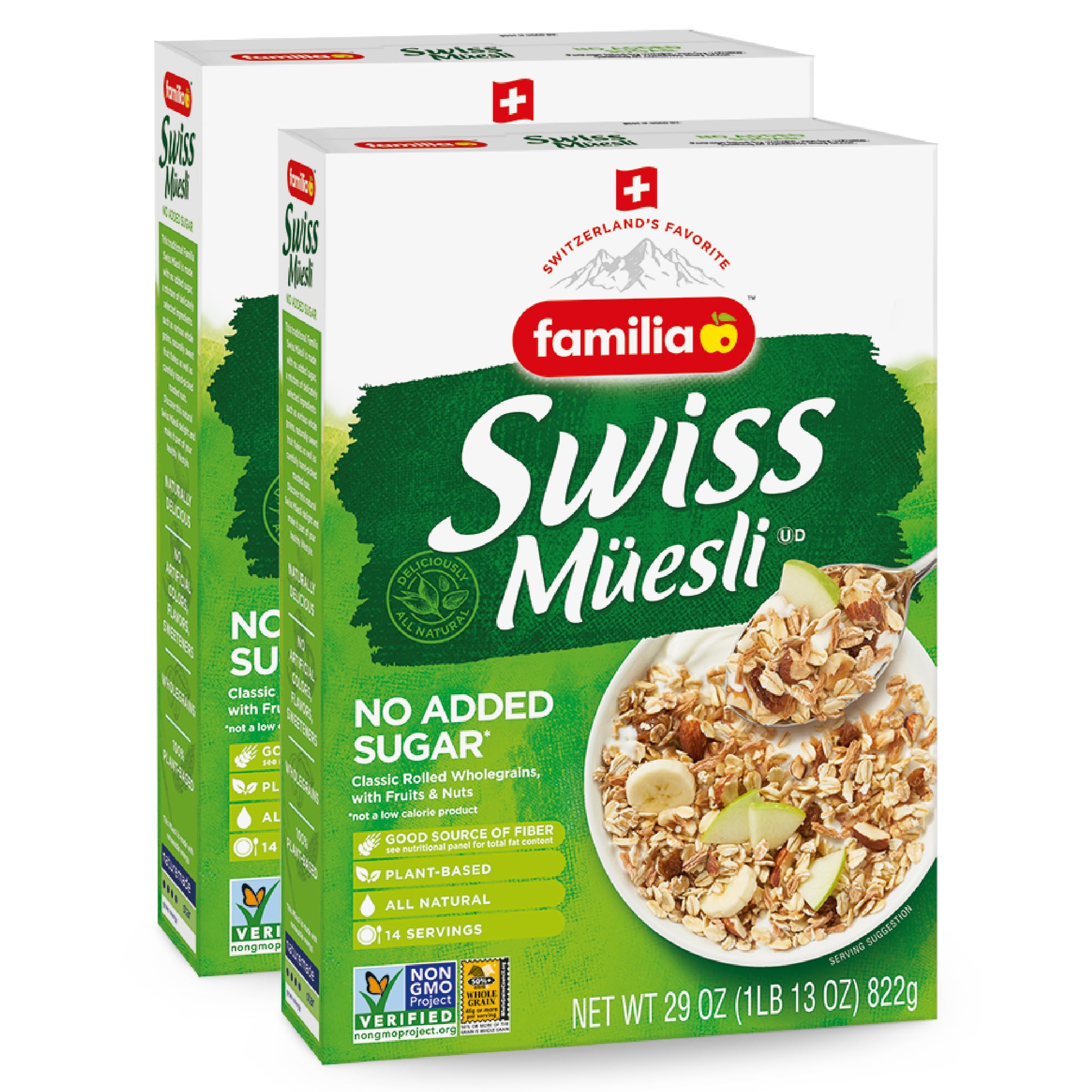 FamiliaSwiss Muesli Cereal, 0g Added Sugar, Energy-Packed Cereal with Raisins, Hazelnuts and Almonds, 29 Ounce Box (Pack of 2)