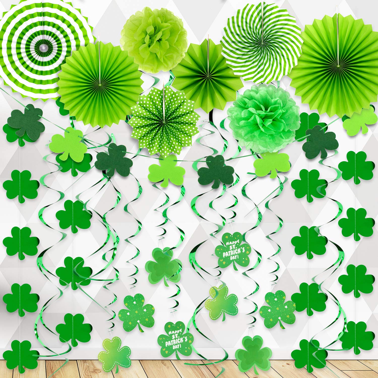 Whaline St.Patrick's Day Hanging Decoration, 6 Green Hanging Paper Fans, 2 Paper Pompoms, 12 Hanging Swirls, 1 String of Felt Clover Banner, 4 Shamrock Foil Strings, for Irish Party Home Decor(25 Pcs)