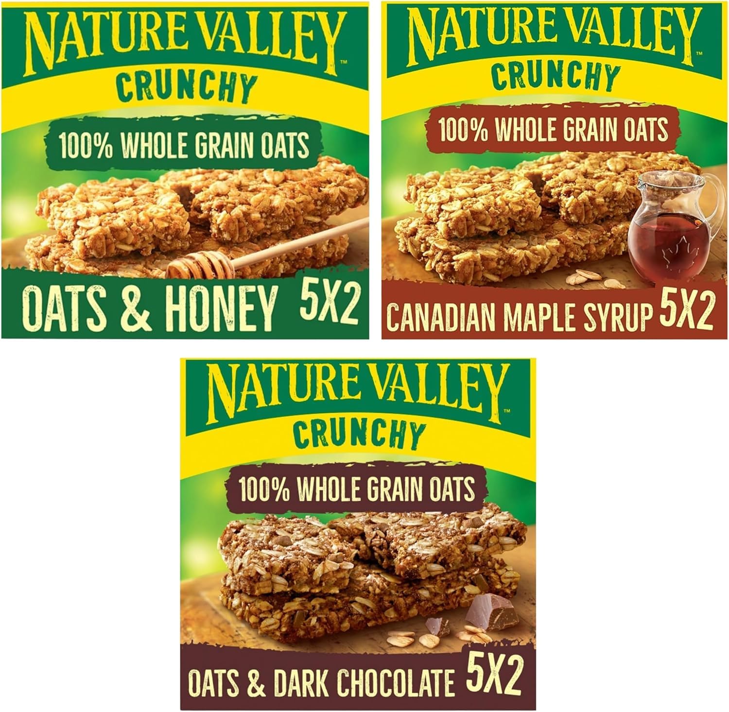 Breakfast Bars Bundle With Nature Valley Oats & Honey Cereal Bars 5x42g, Canadian Maple Syrup 5x42g and Oats & Dark Chocolate 5x42g (3 Pack)